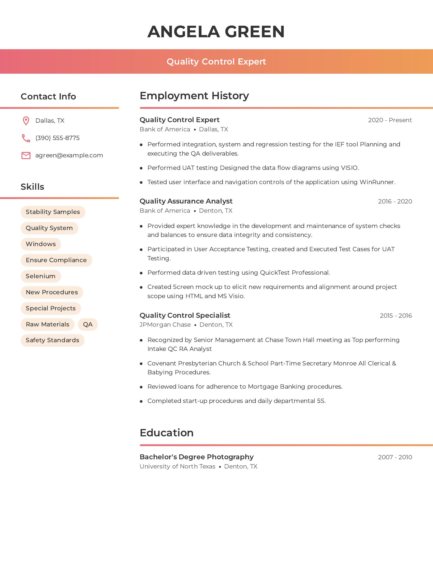 Quality Control Expert resume example