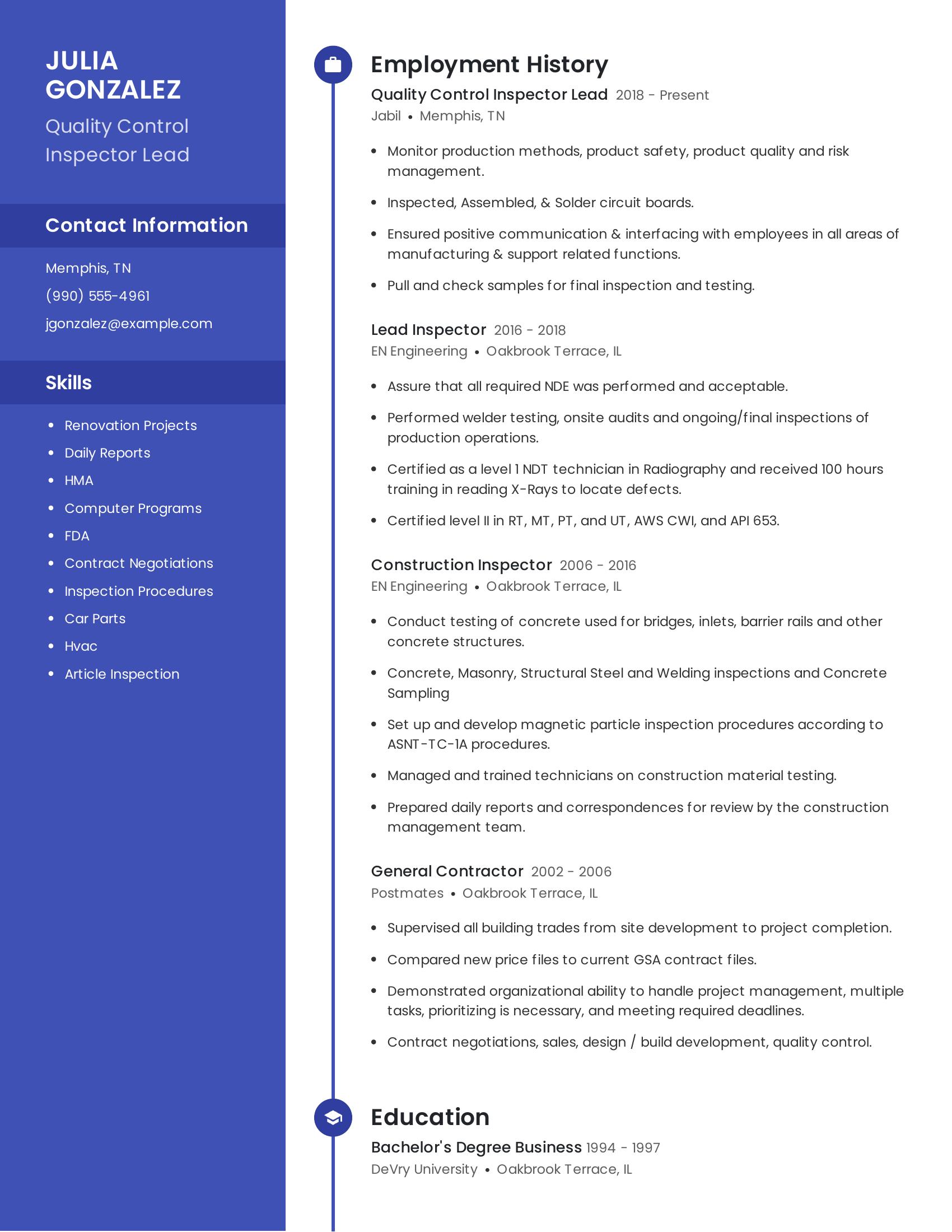 Quality Control Inspector Lead resume example