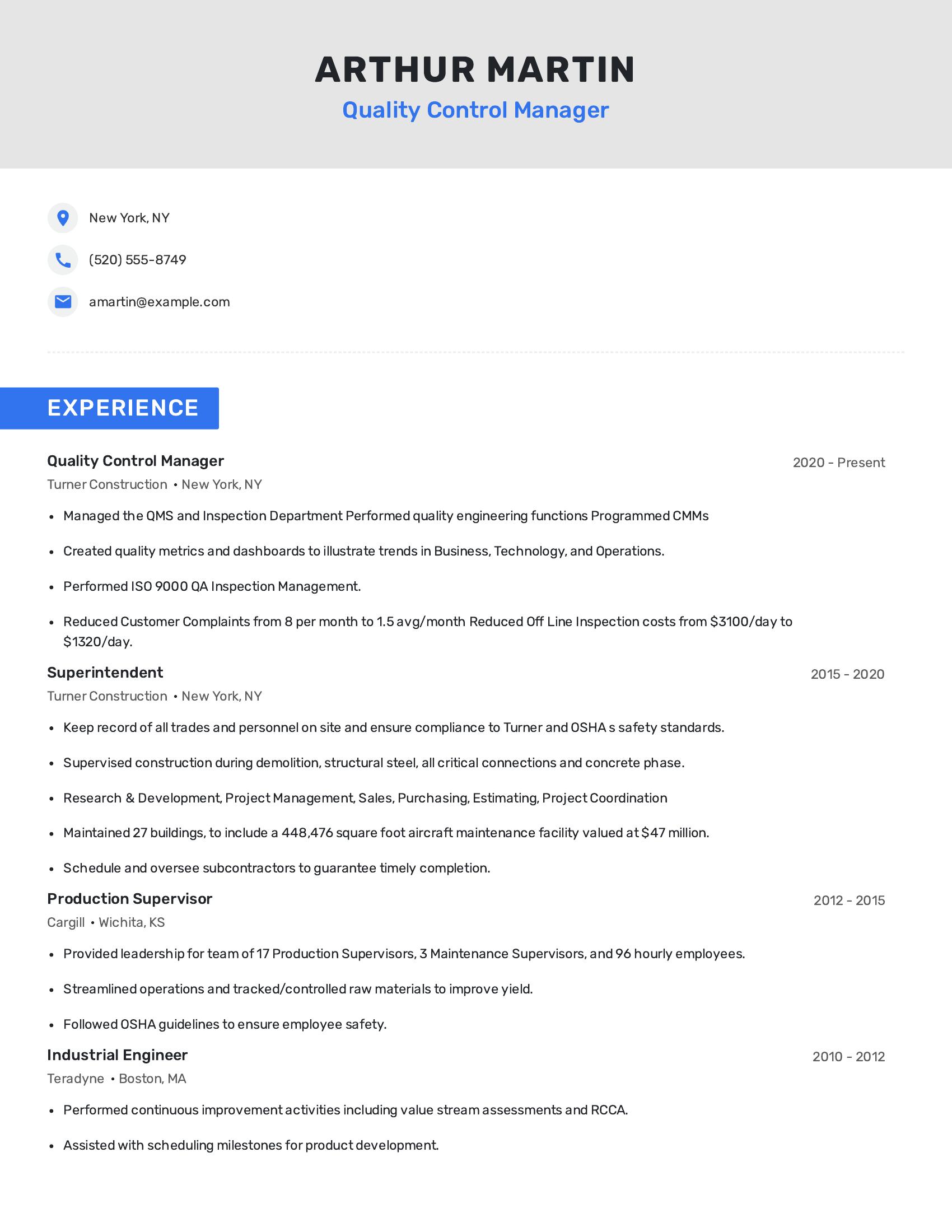 Quality Control Manager resume example