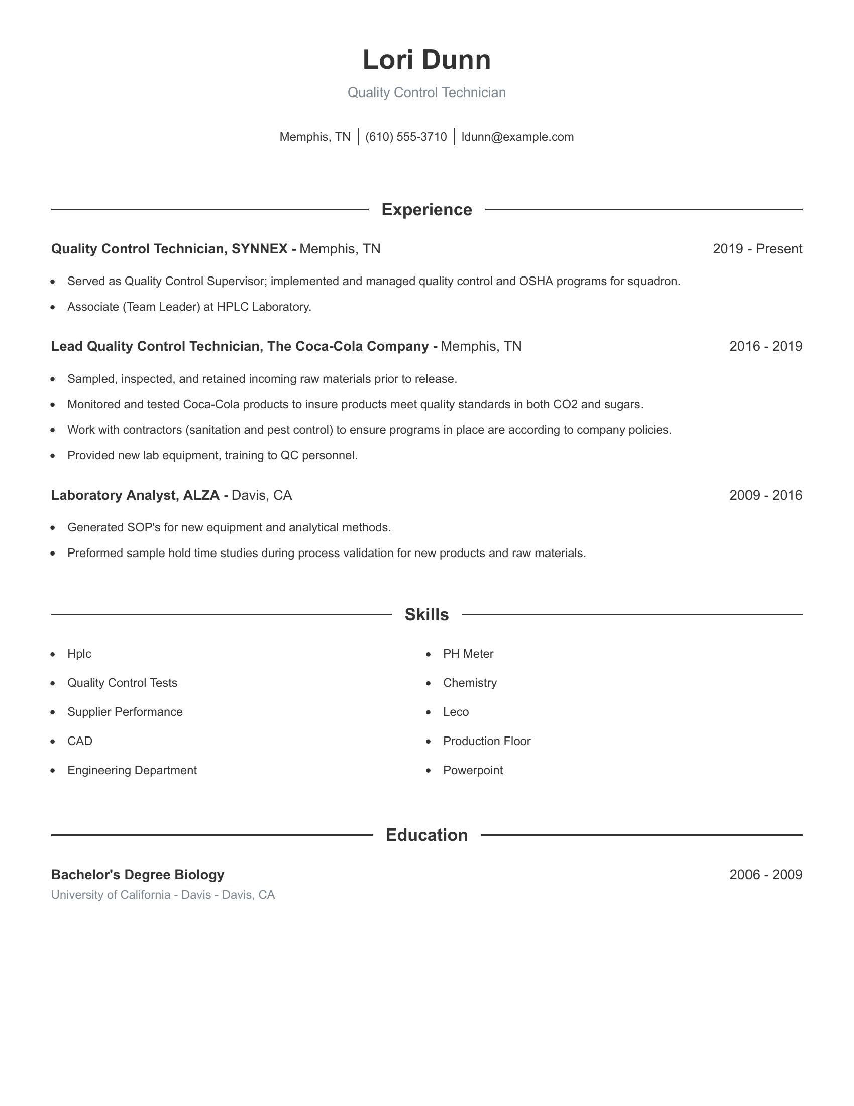 Quality Control Technician resume example