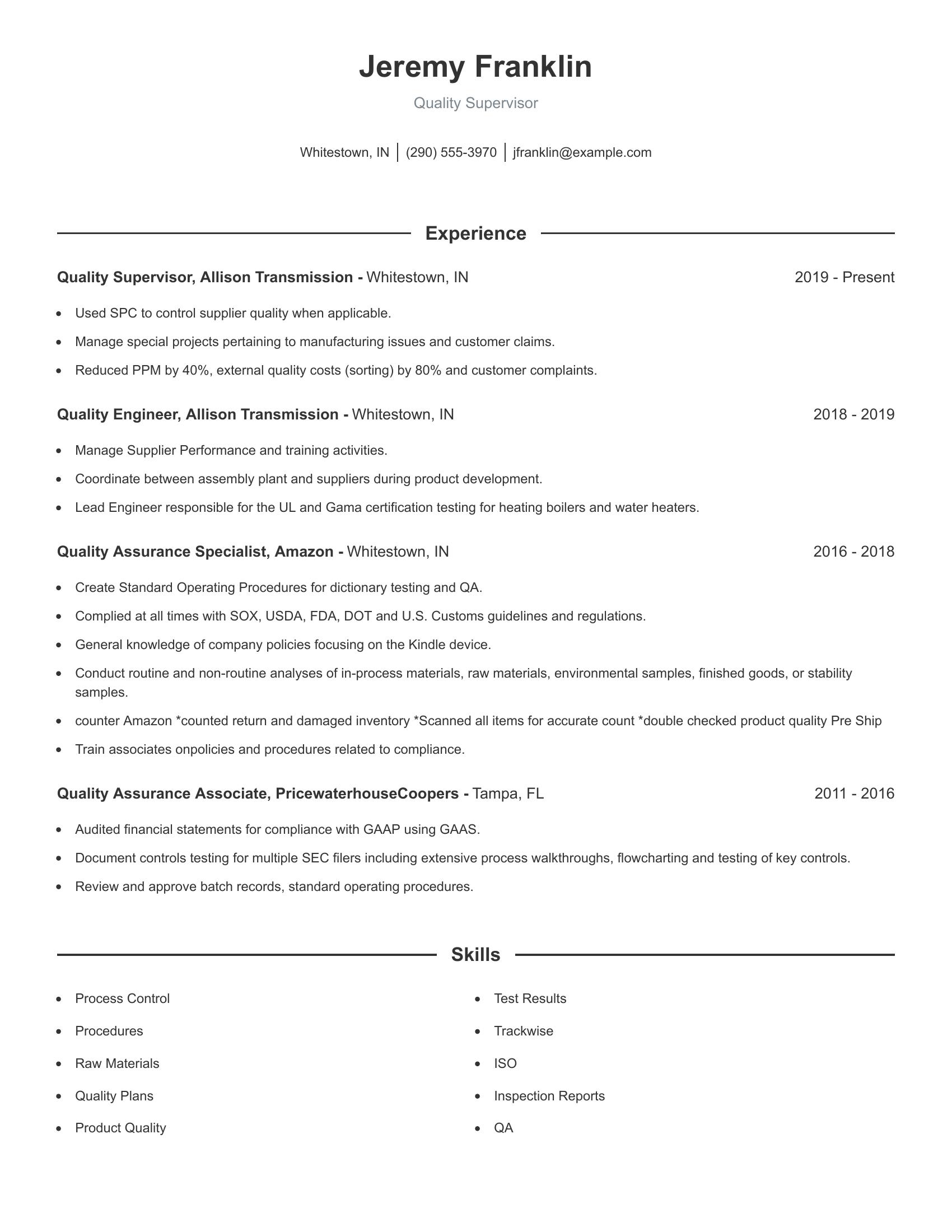 Quality Supervisor resume example