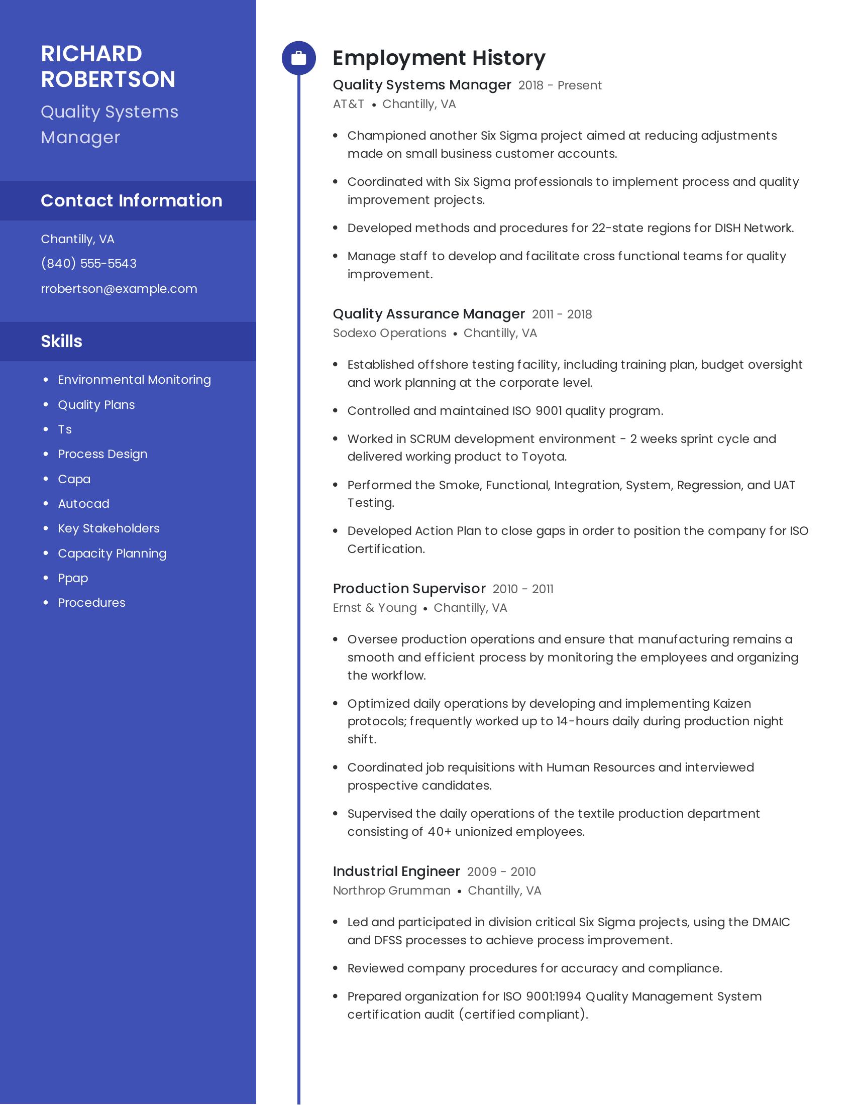 Quality Systems Manager resume example