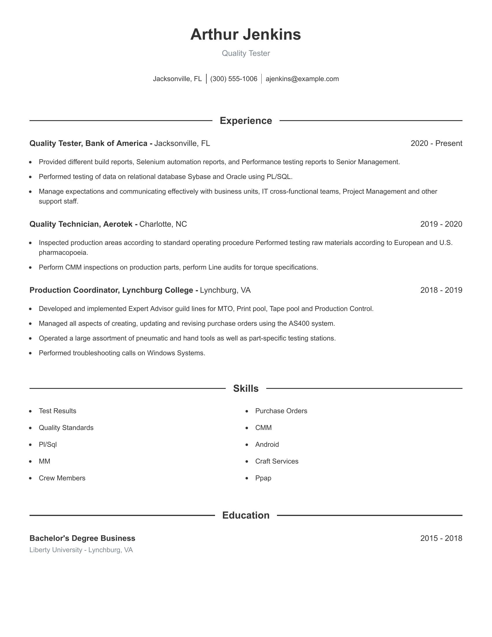 Quality Tester resume example