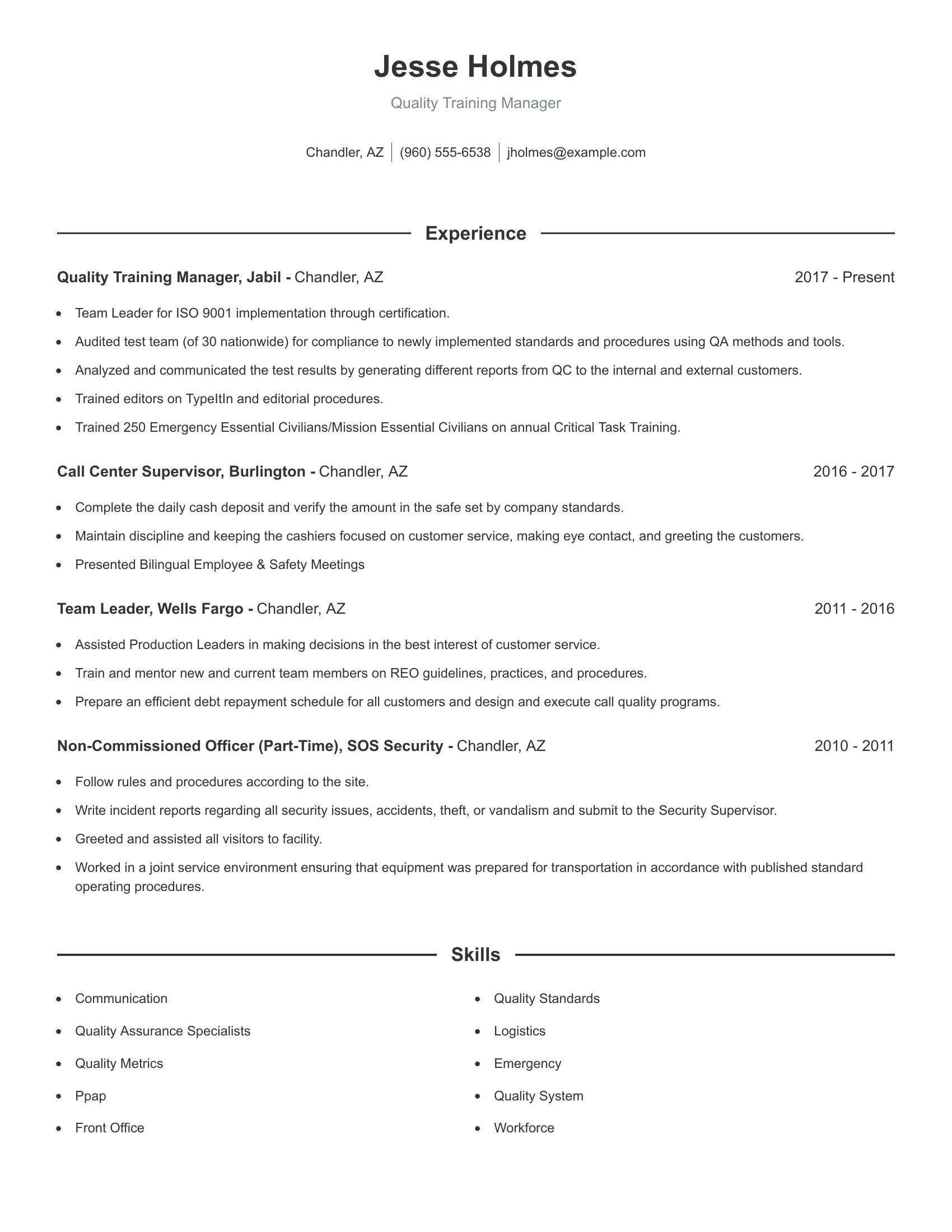 Quality Training Manager resume example