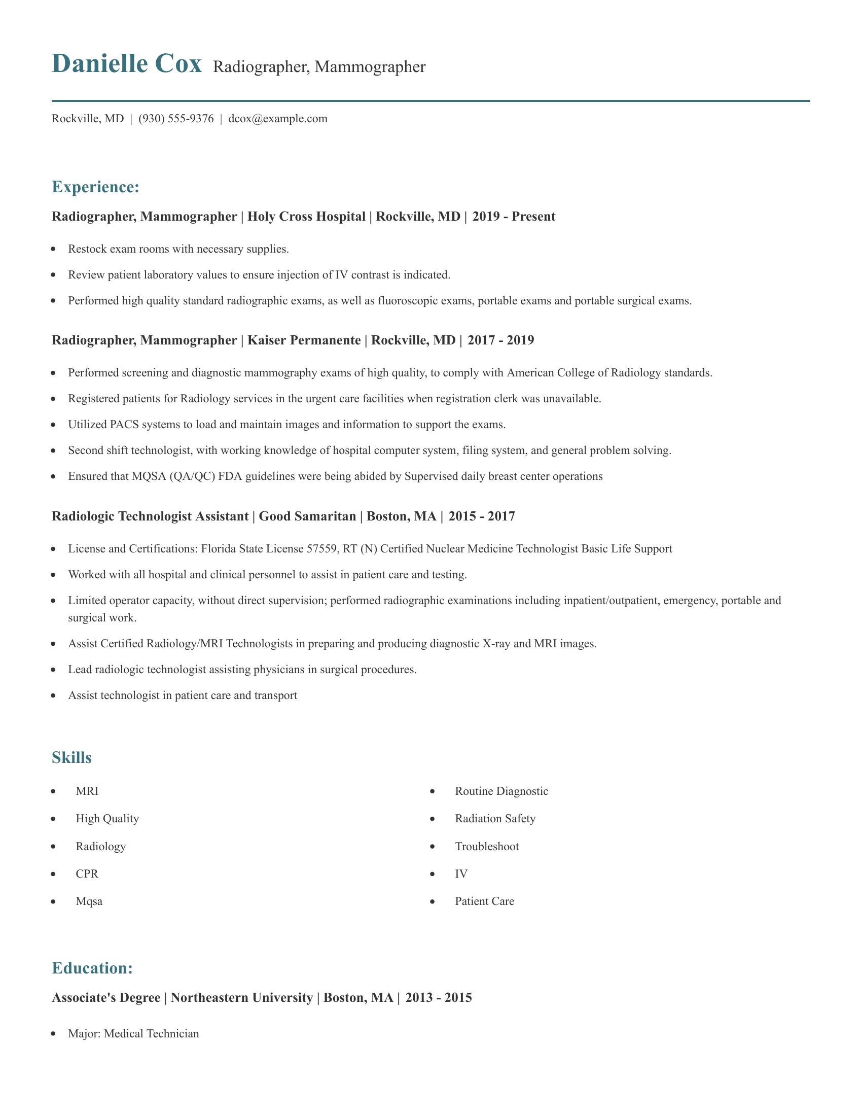 Radiographer, Mammographer resume example