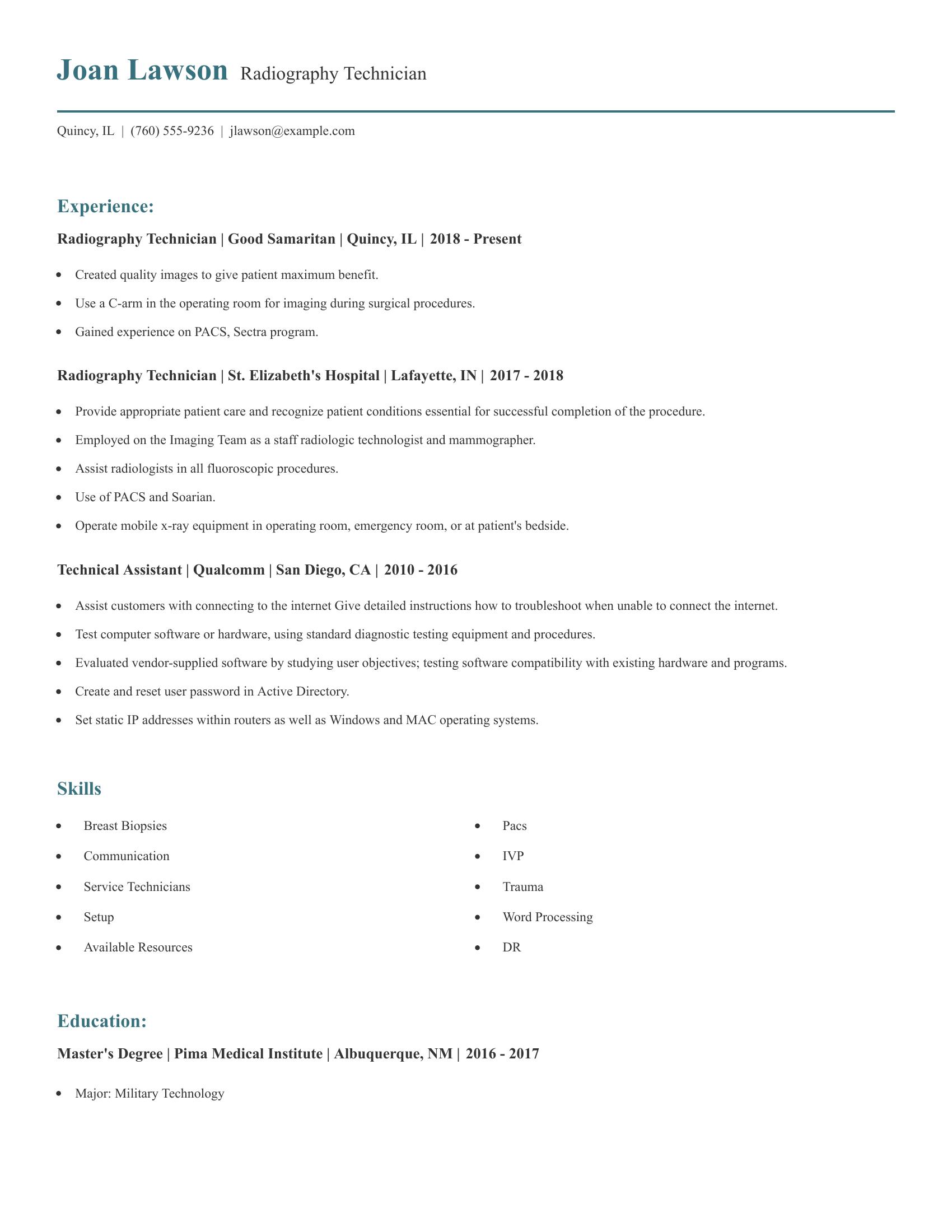 Radiography Technician resume example