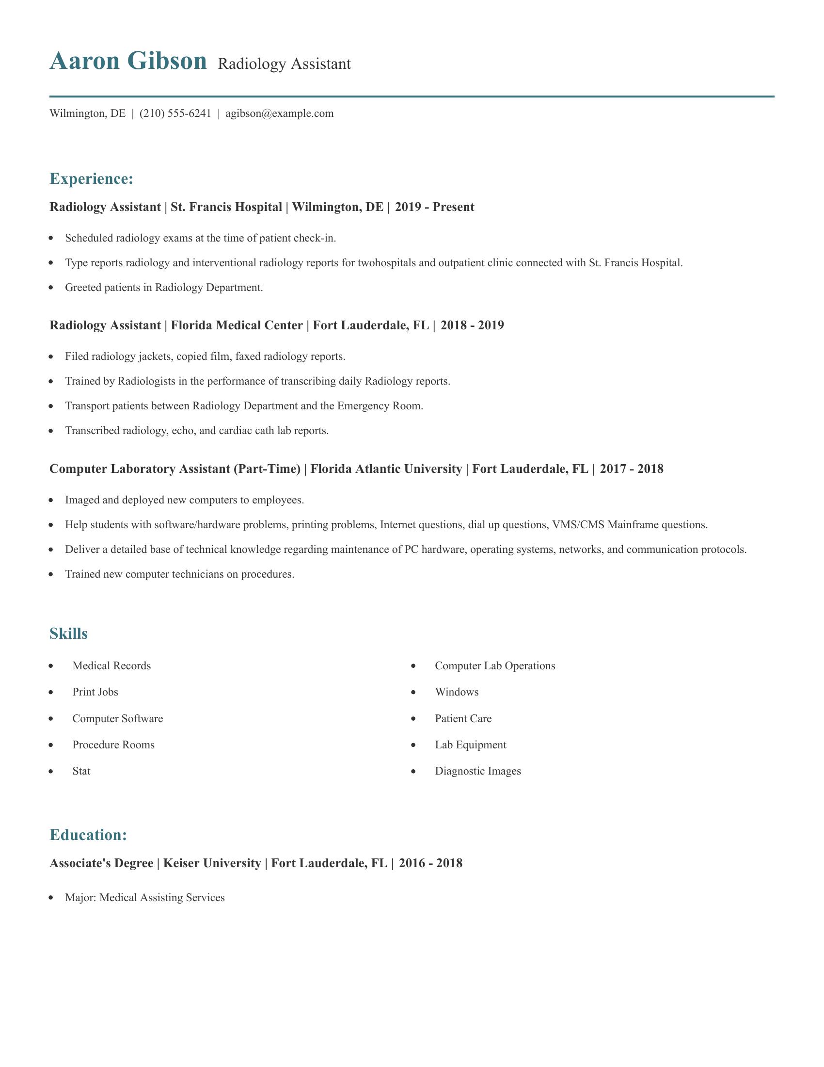 Radiology Assistant resume example