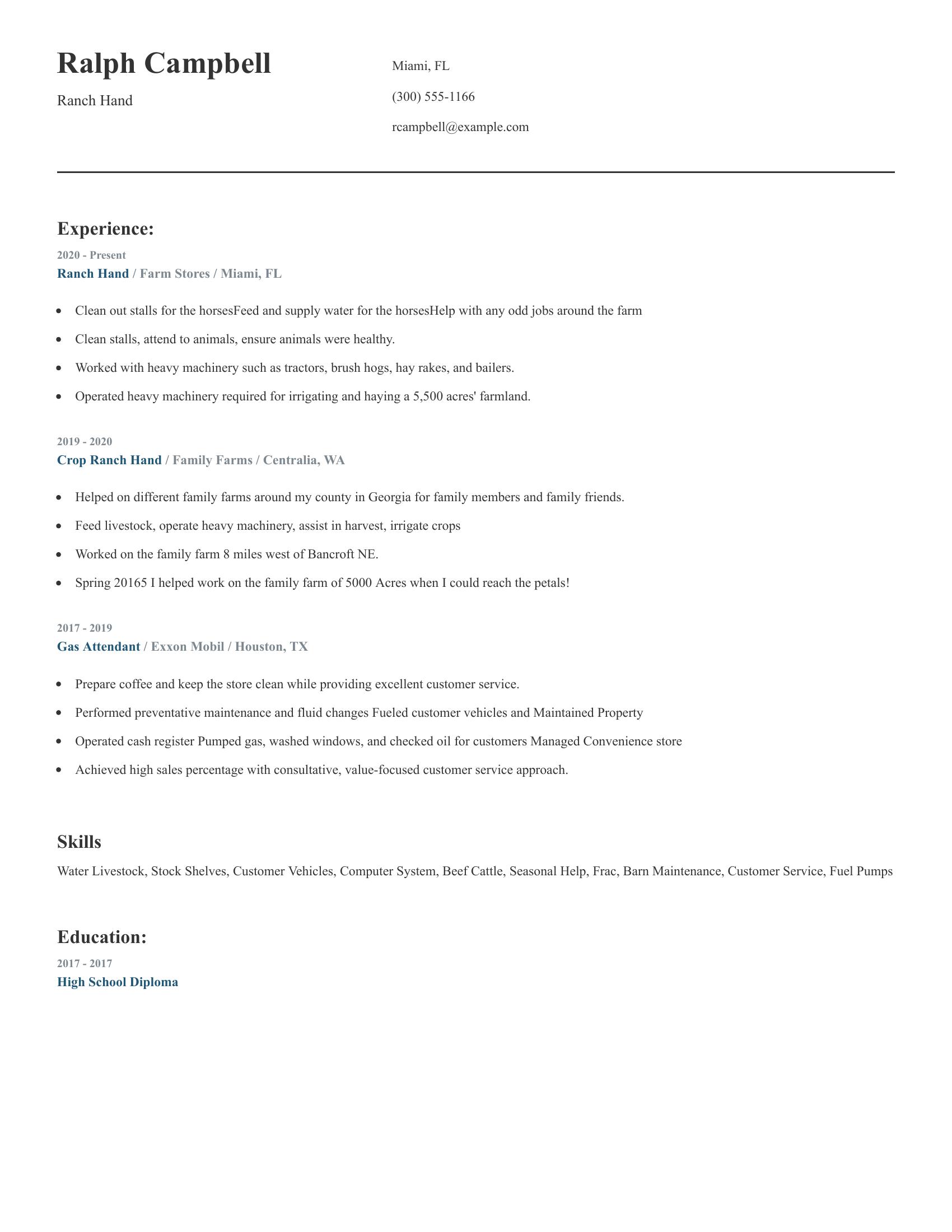 Ranch Hand resume example