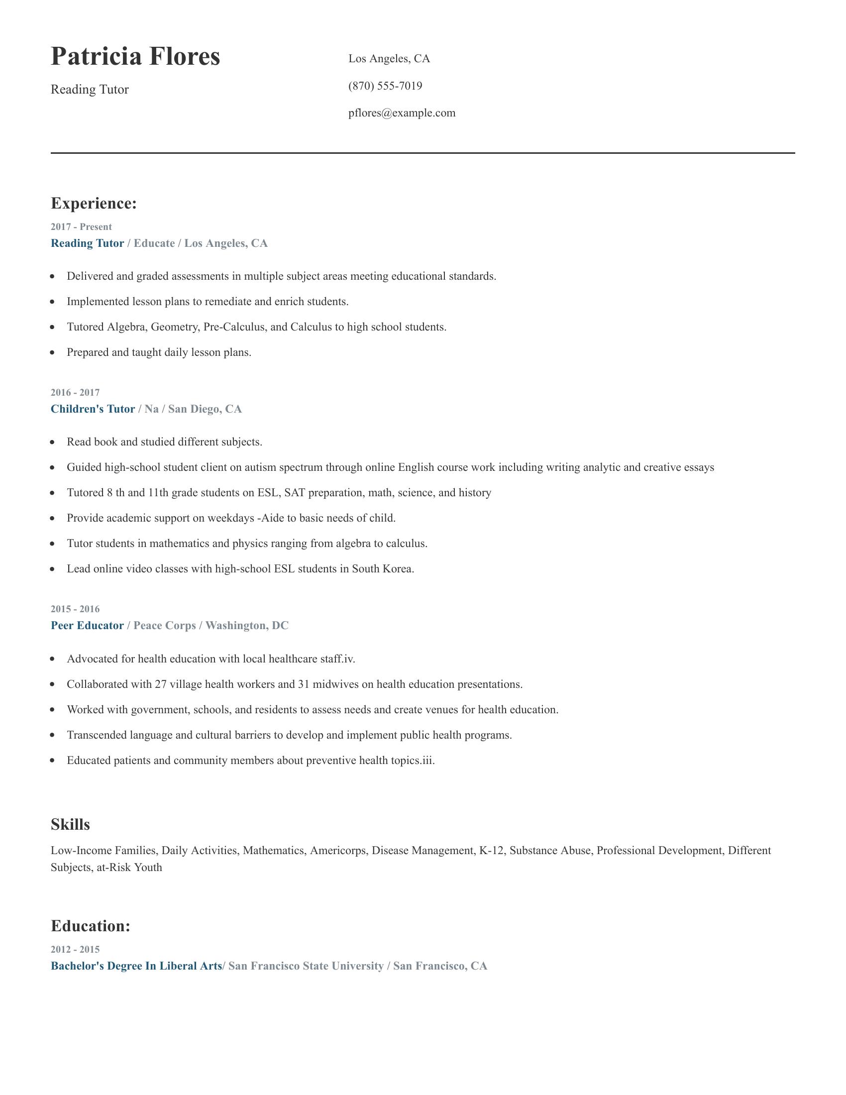 Reading Tutor resume example