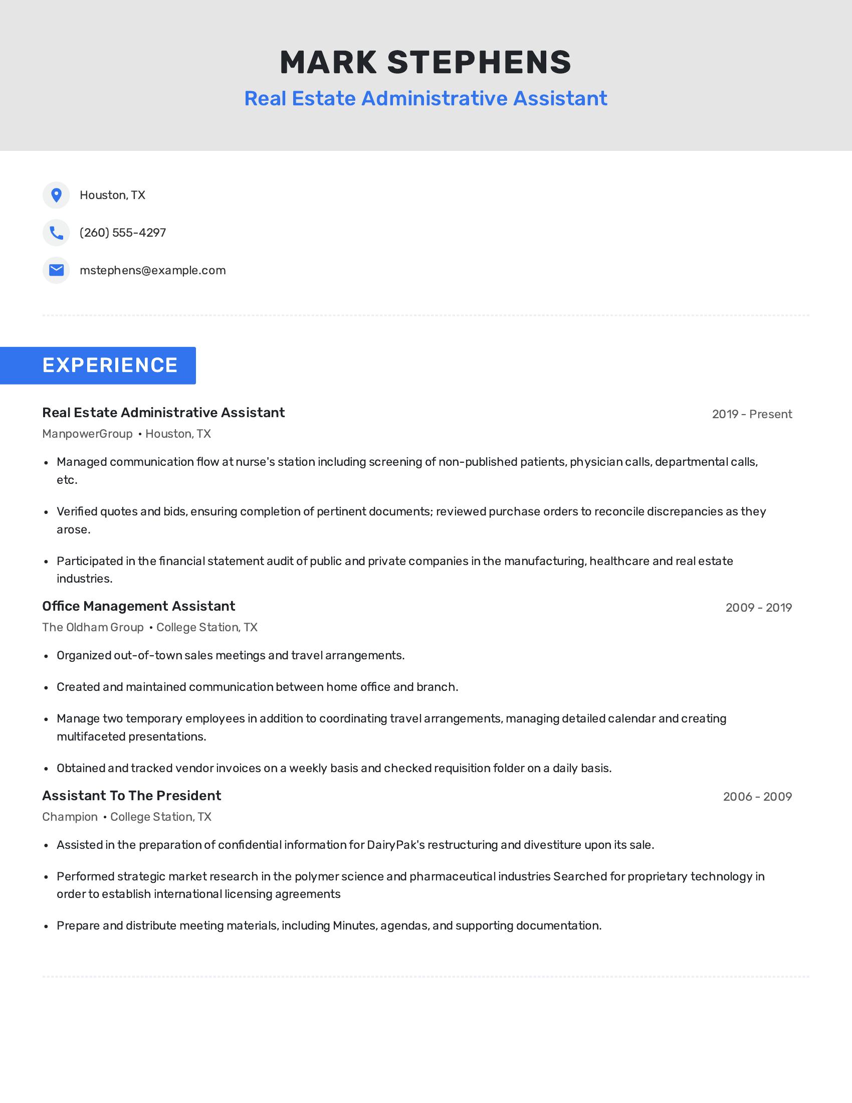 Real Estate Administrative Assistant resume example