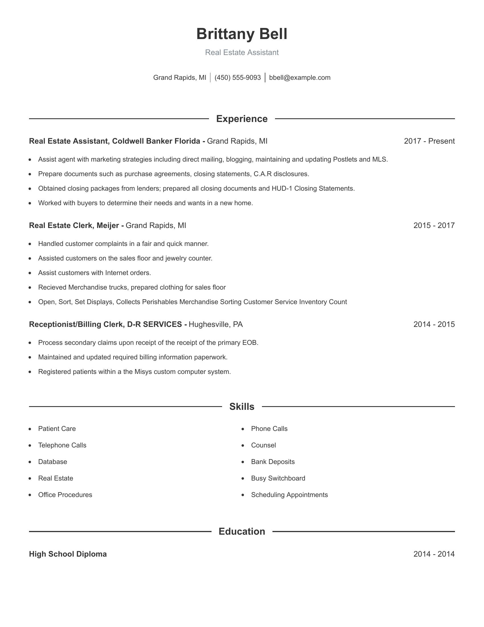 Real Estate Assistant resume example