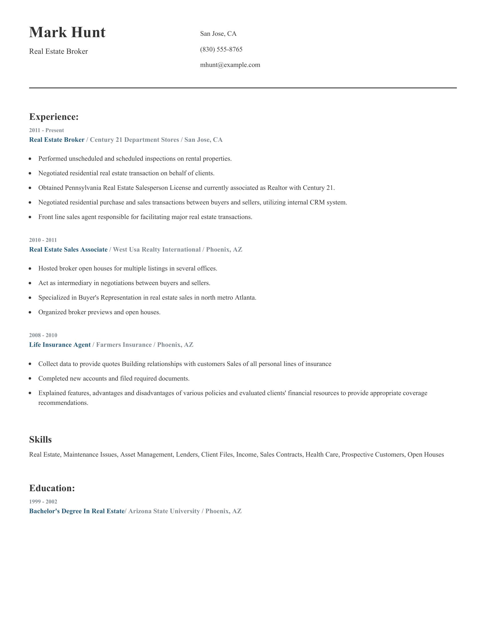 Real Estate Broker resume example