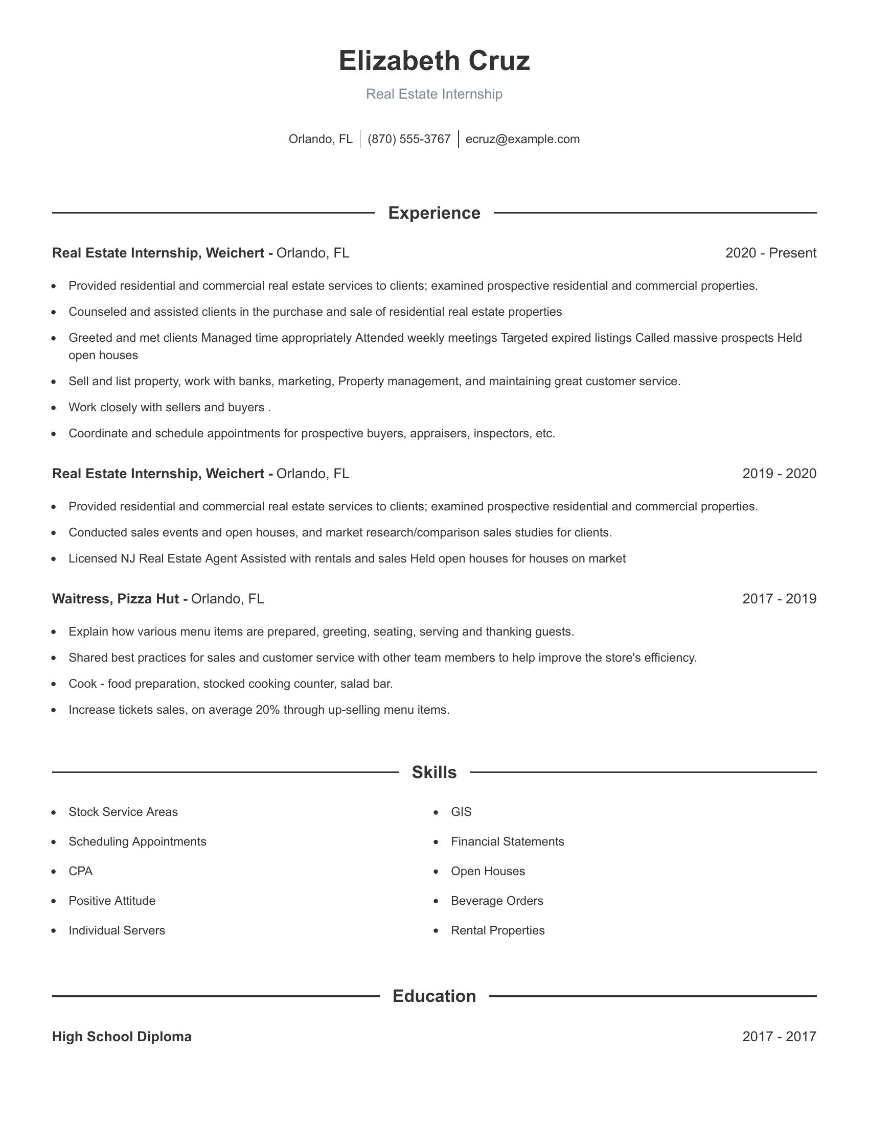 Real Estate Internship resume example