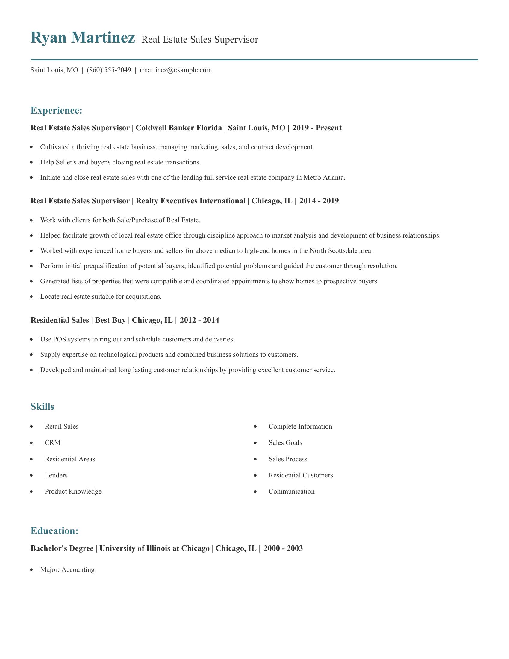 Real Estate Sales Supervisor resume example