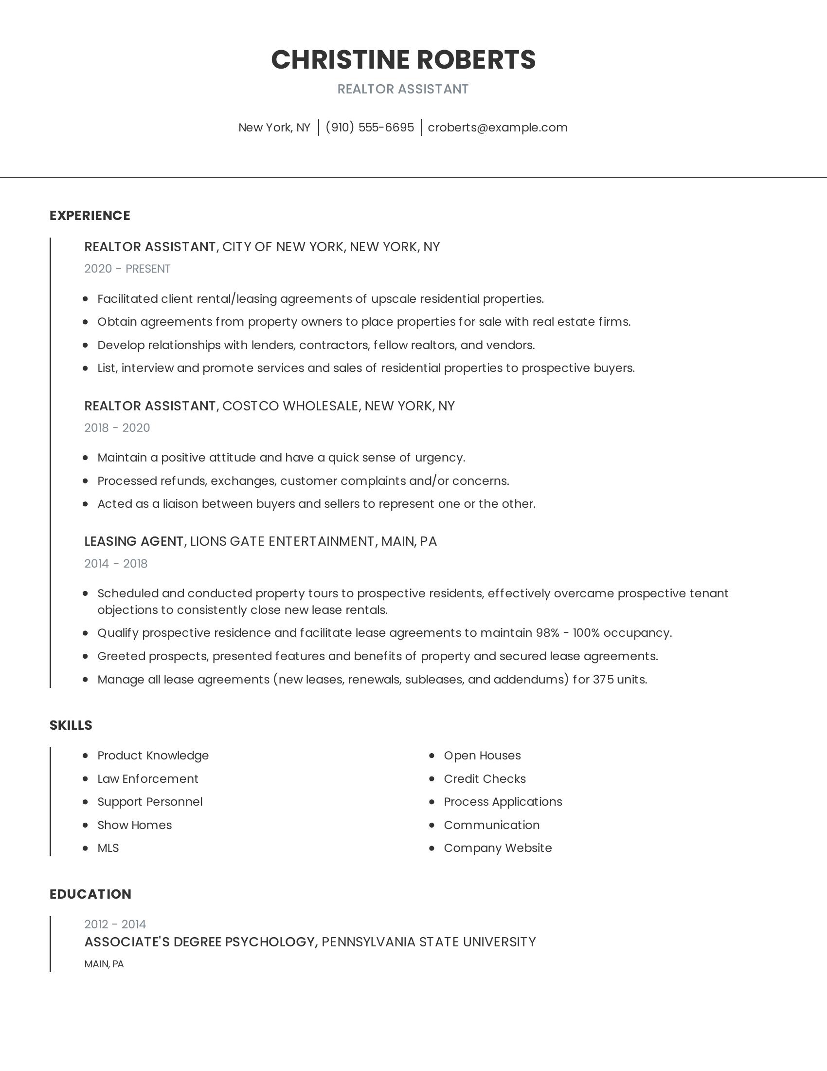 Realtor Assistant resume example