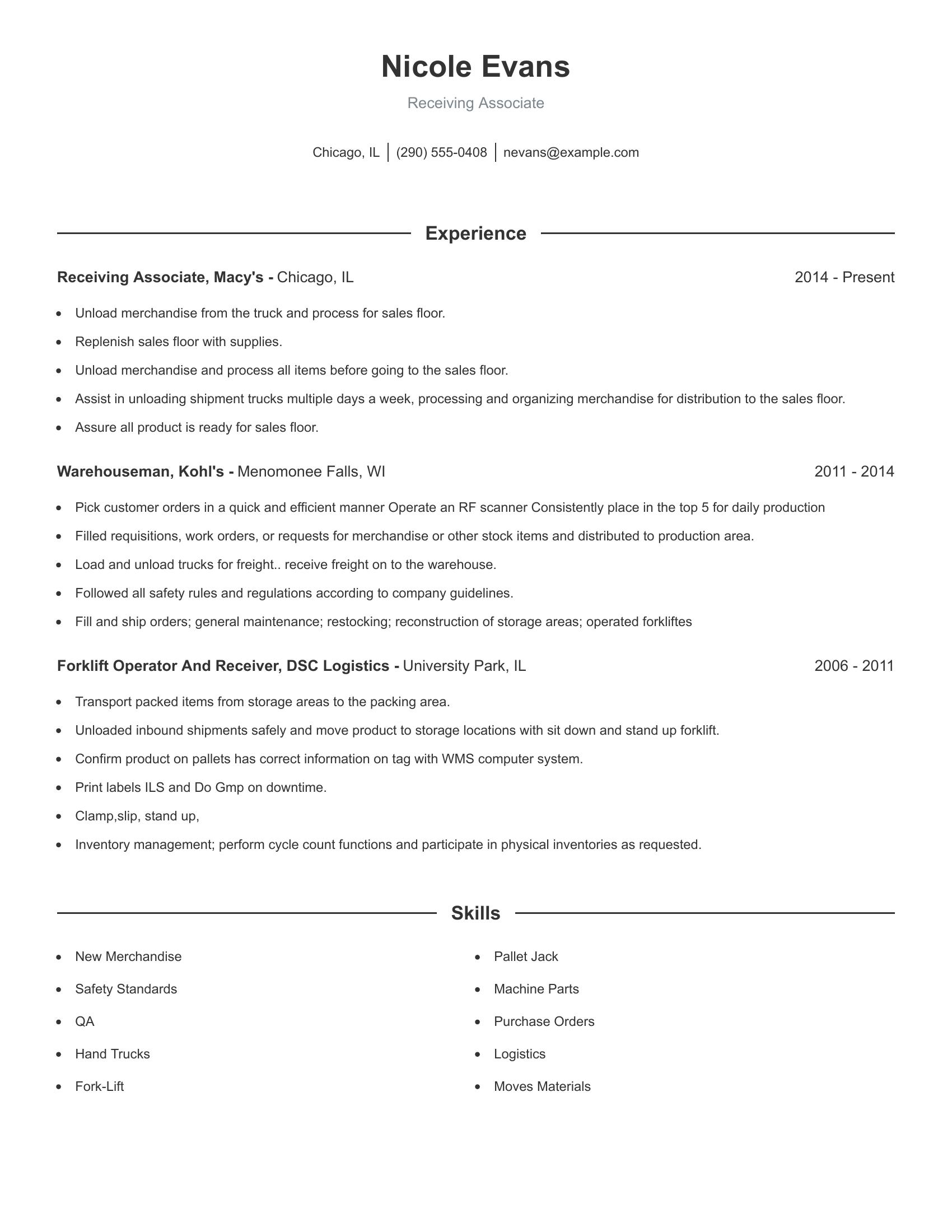 Receiving Associate resume example