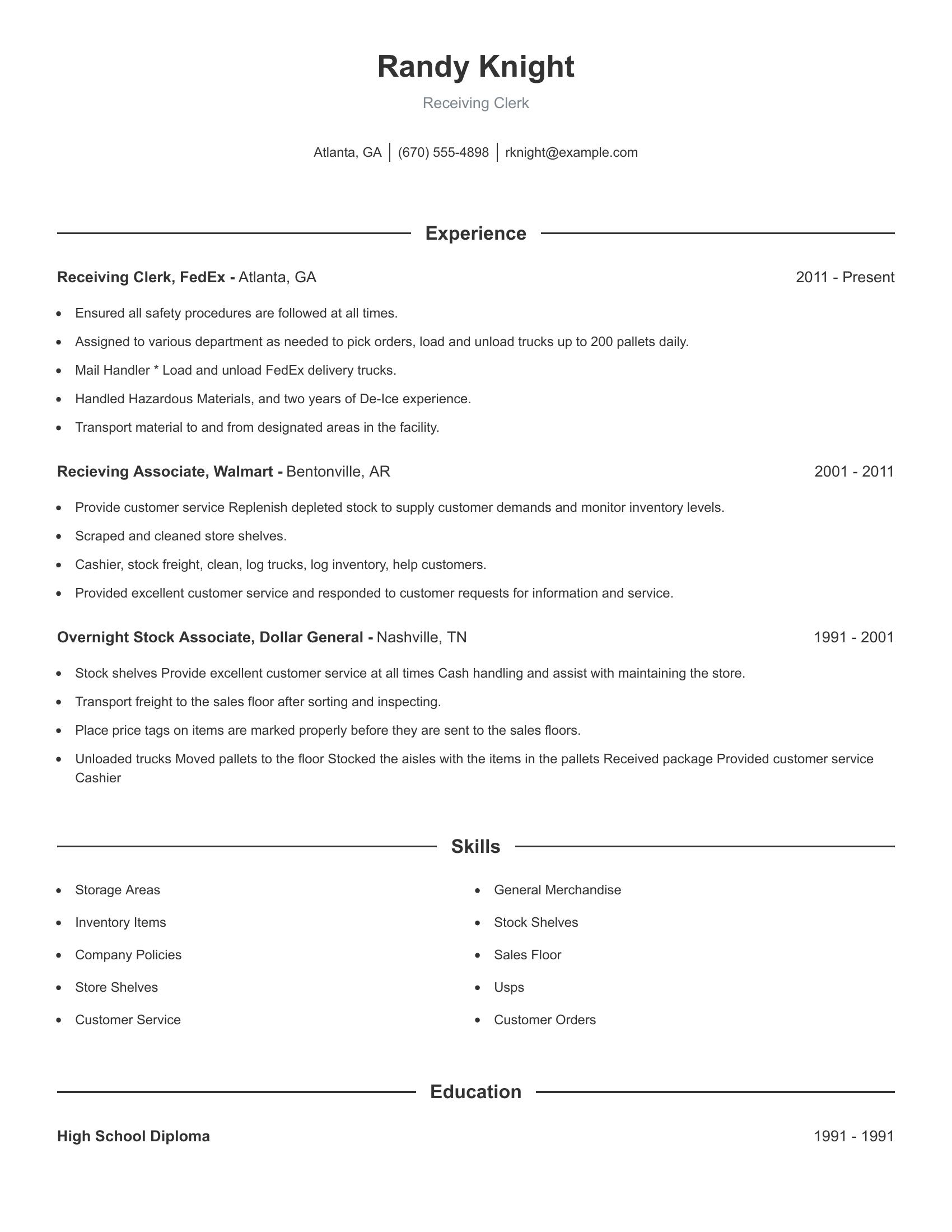 Receiving Clerk resume example