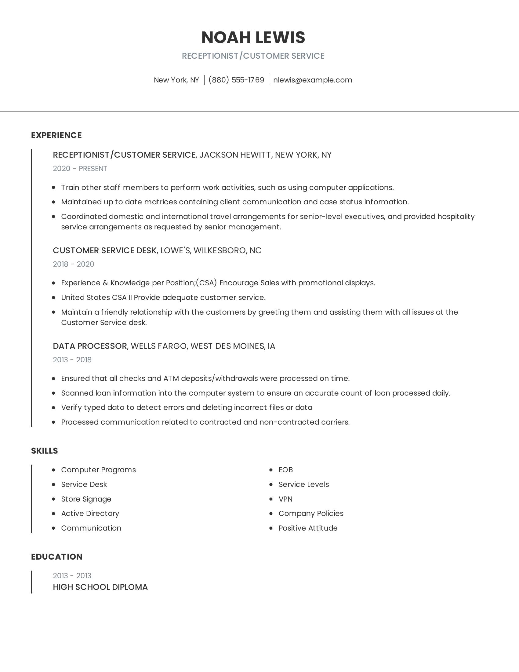 Receptionist/Customer Service resume example