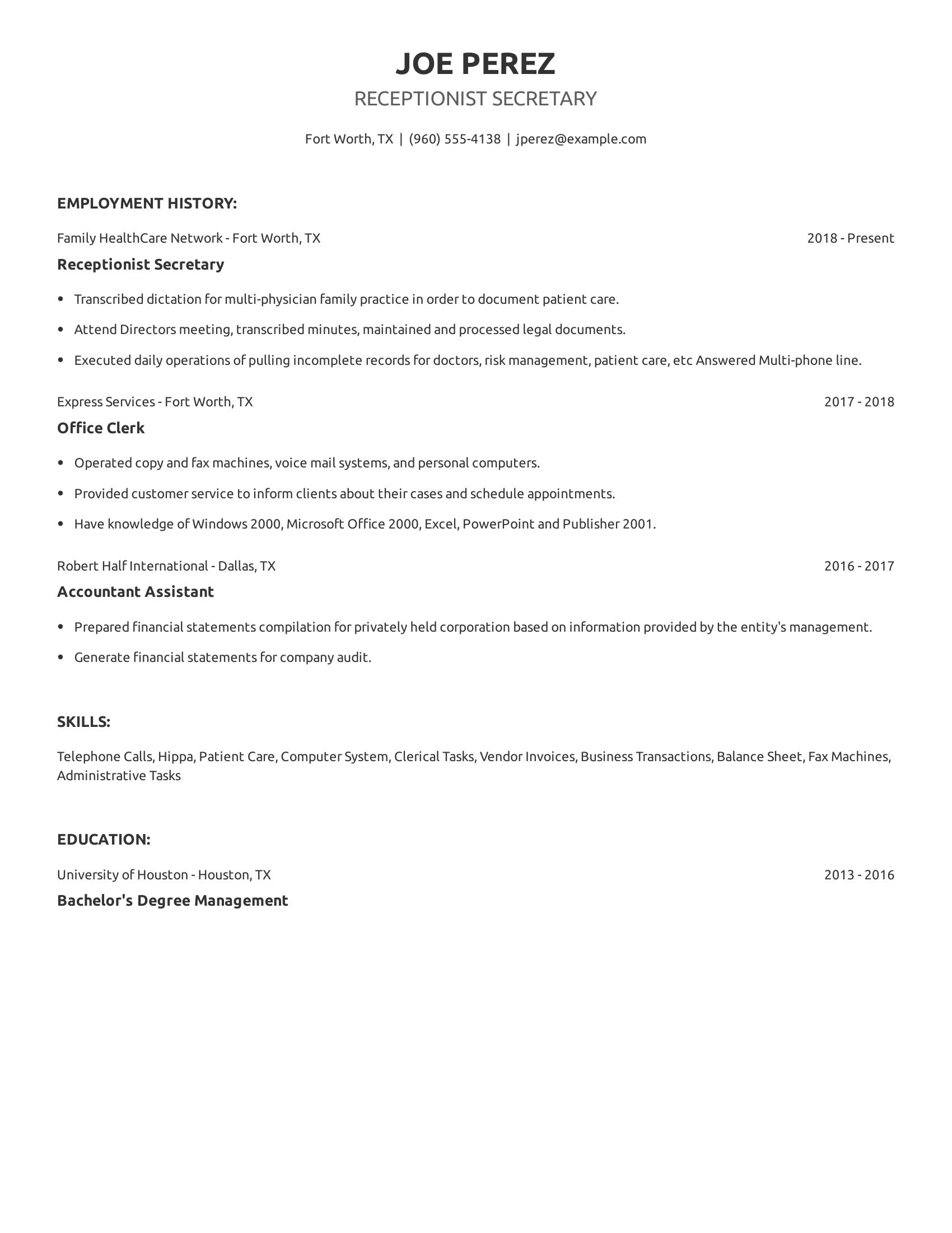 Receptionist Secretary resume example