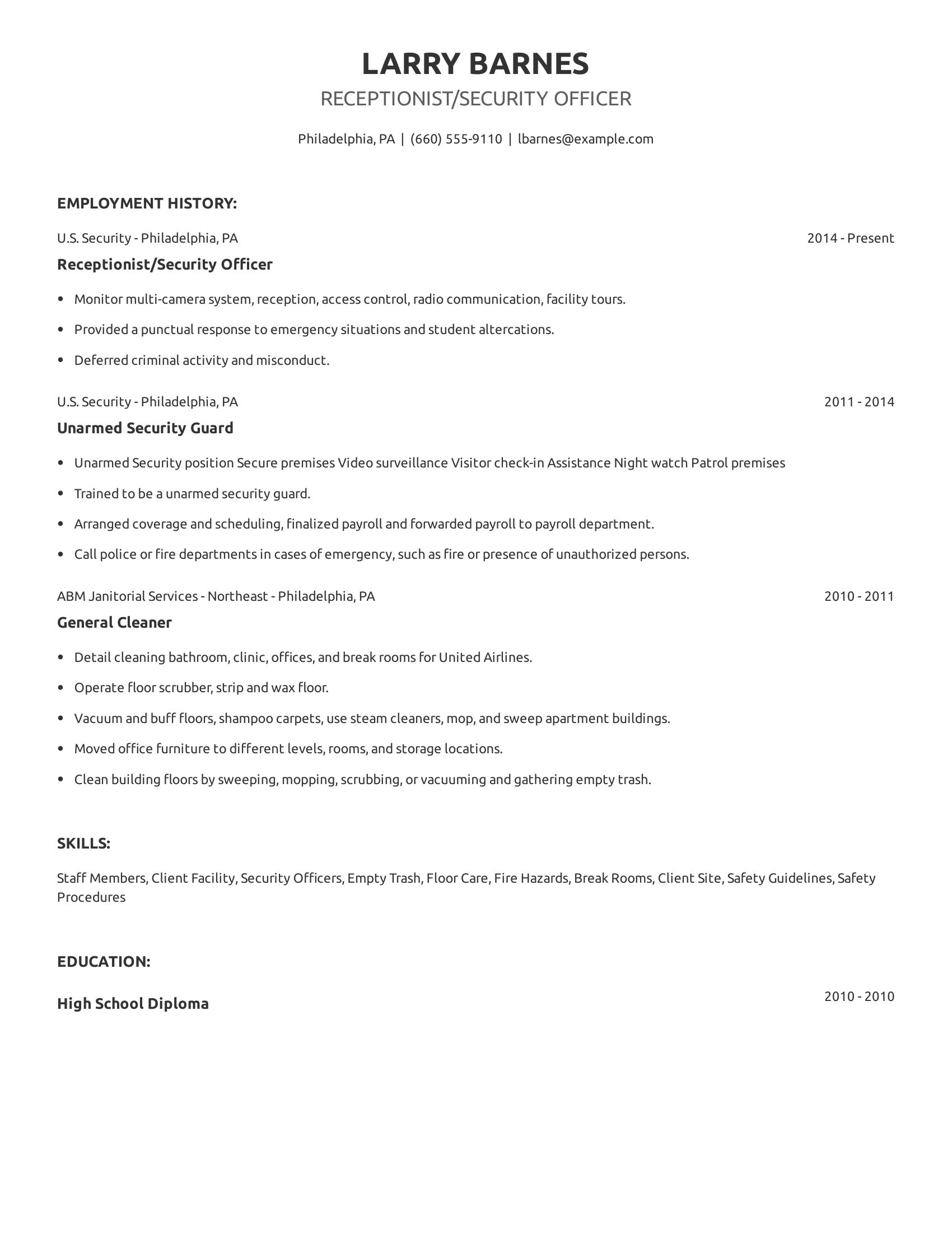 Receptionist/Security Officer resume example