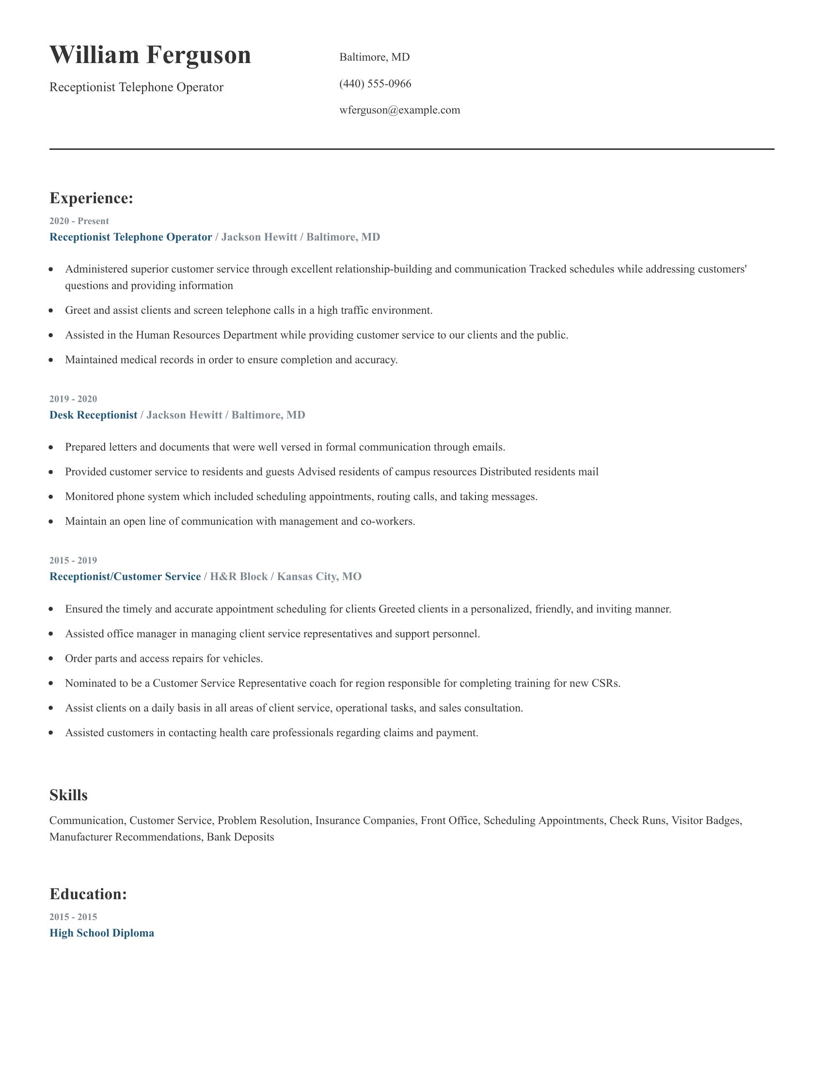 Receptionist Telephone Operator resume example