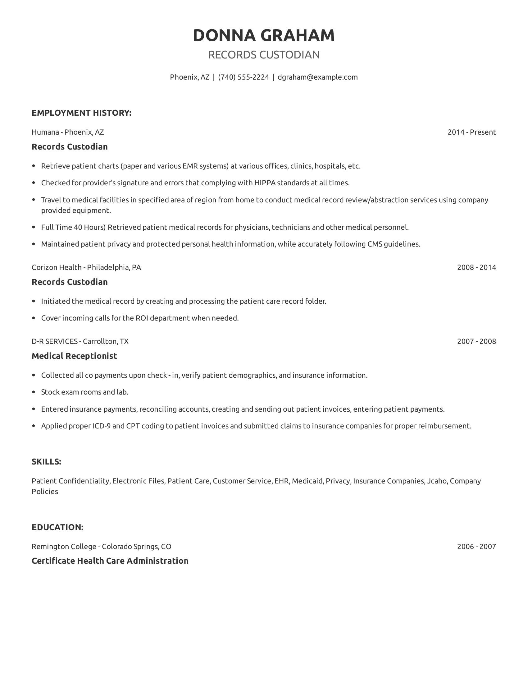 Records Custodian resume example