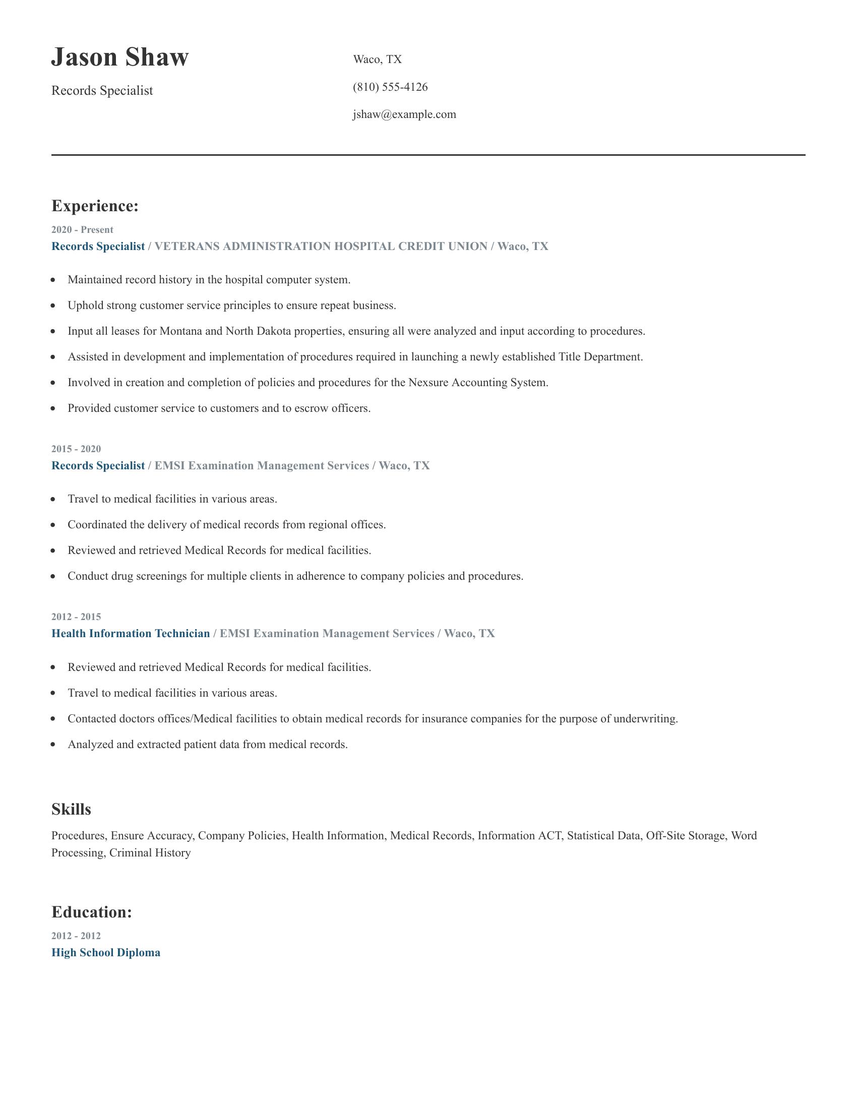 Records Specialist resume example