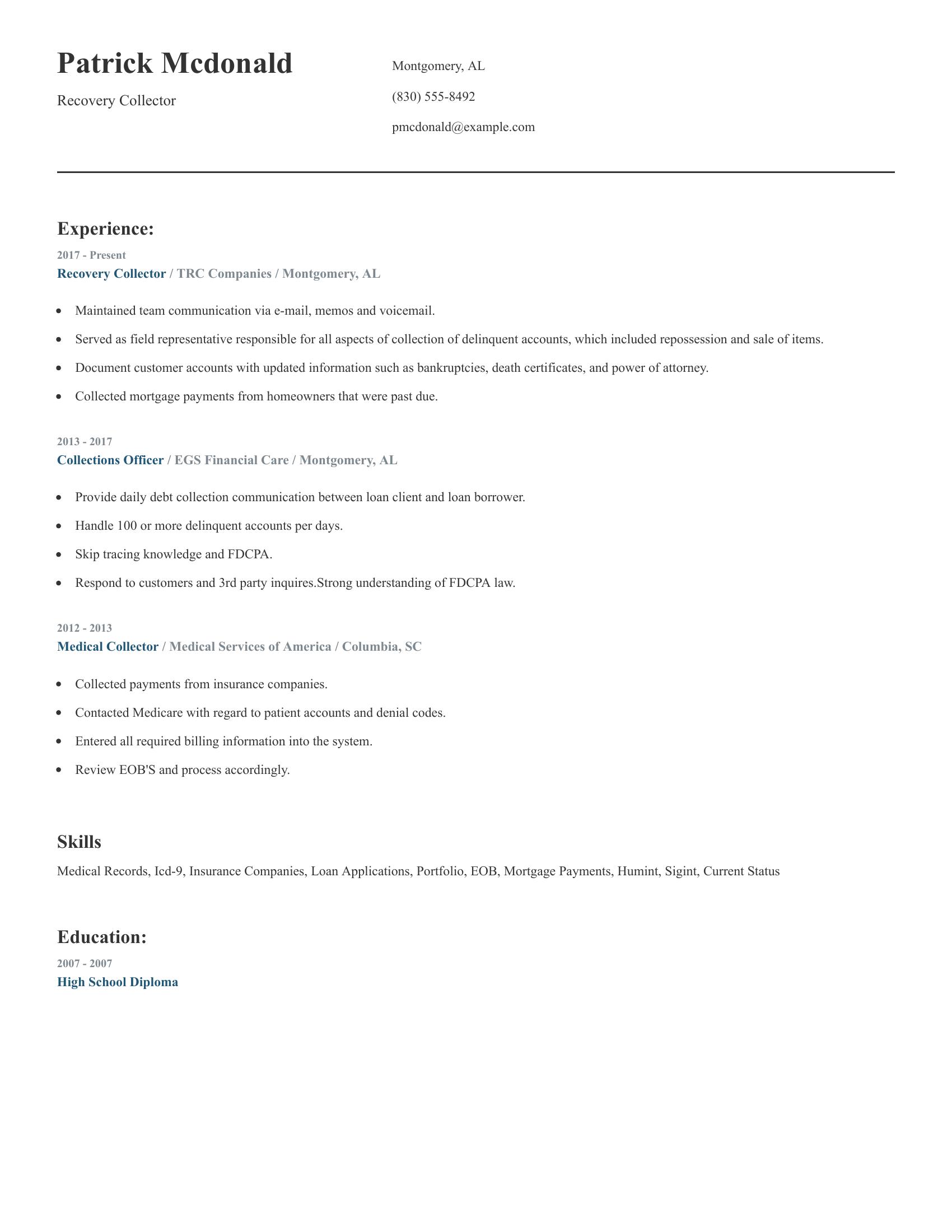 Recovery Collector resume example