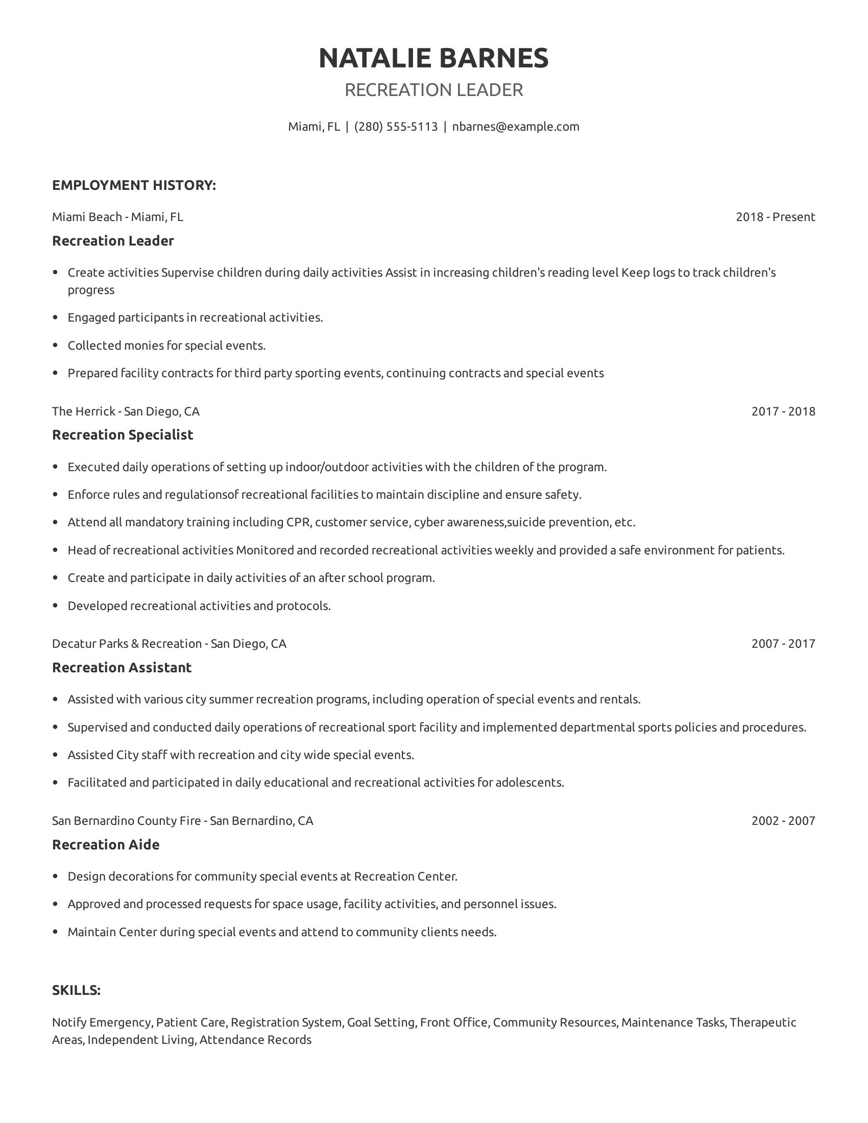 Recreation Leader resume example