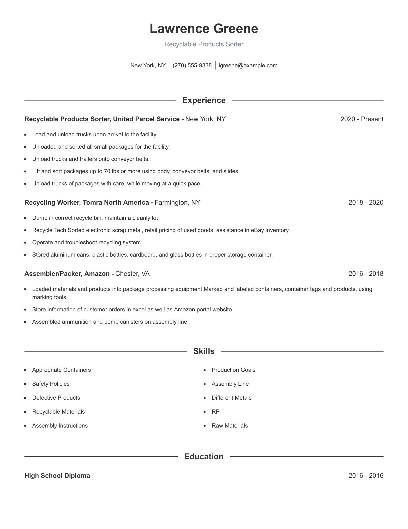 Recyclable Products Sorter resume example