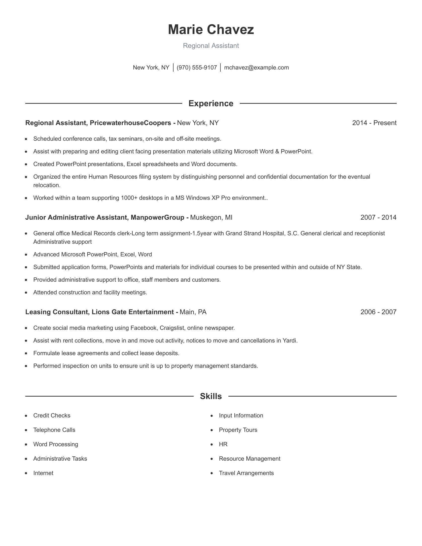 Regional Assistant resume example