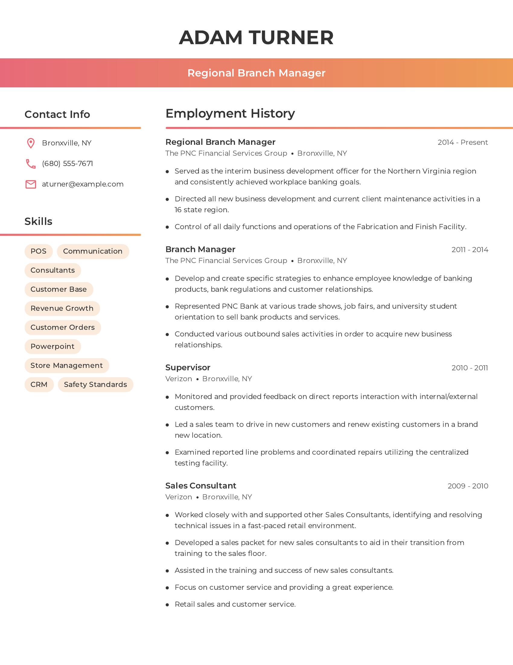 Regional Branch Manager resume example