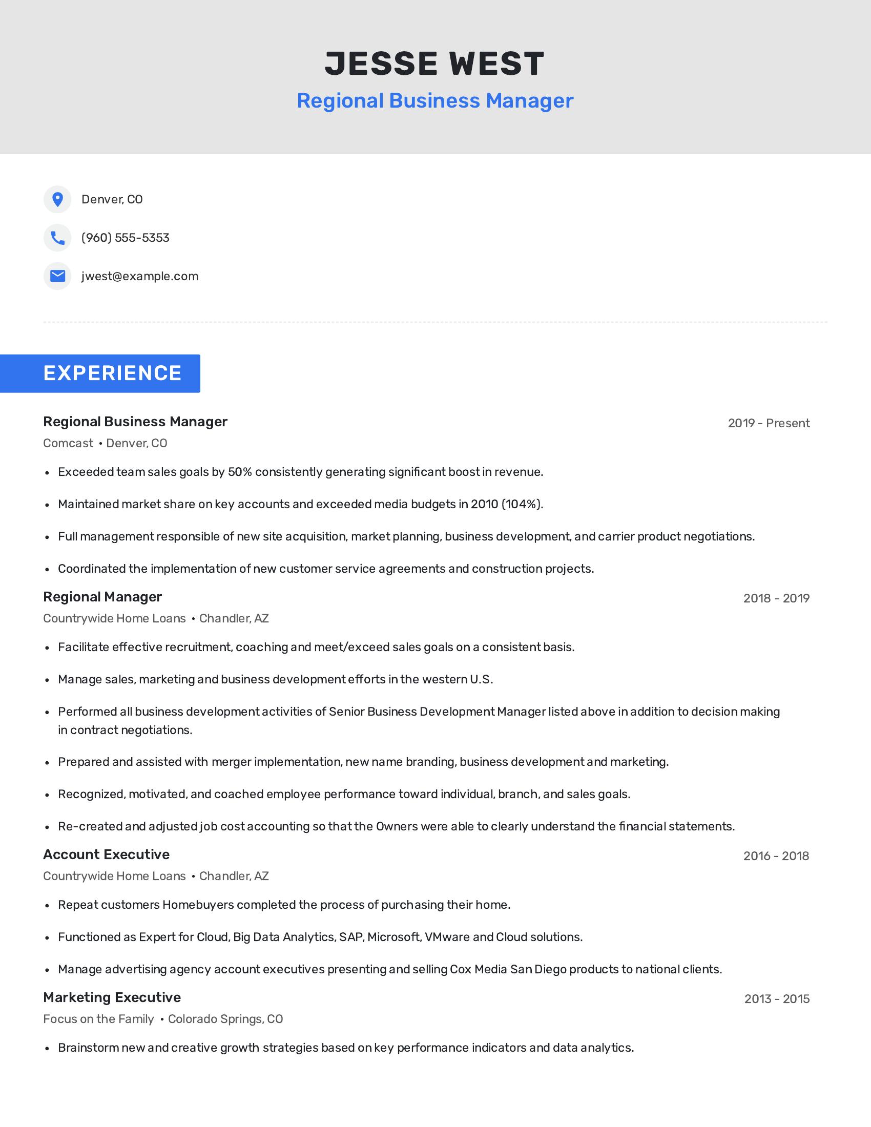 Regional Business Manager resume example