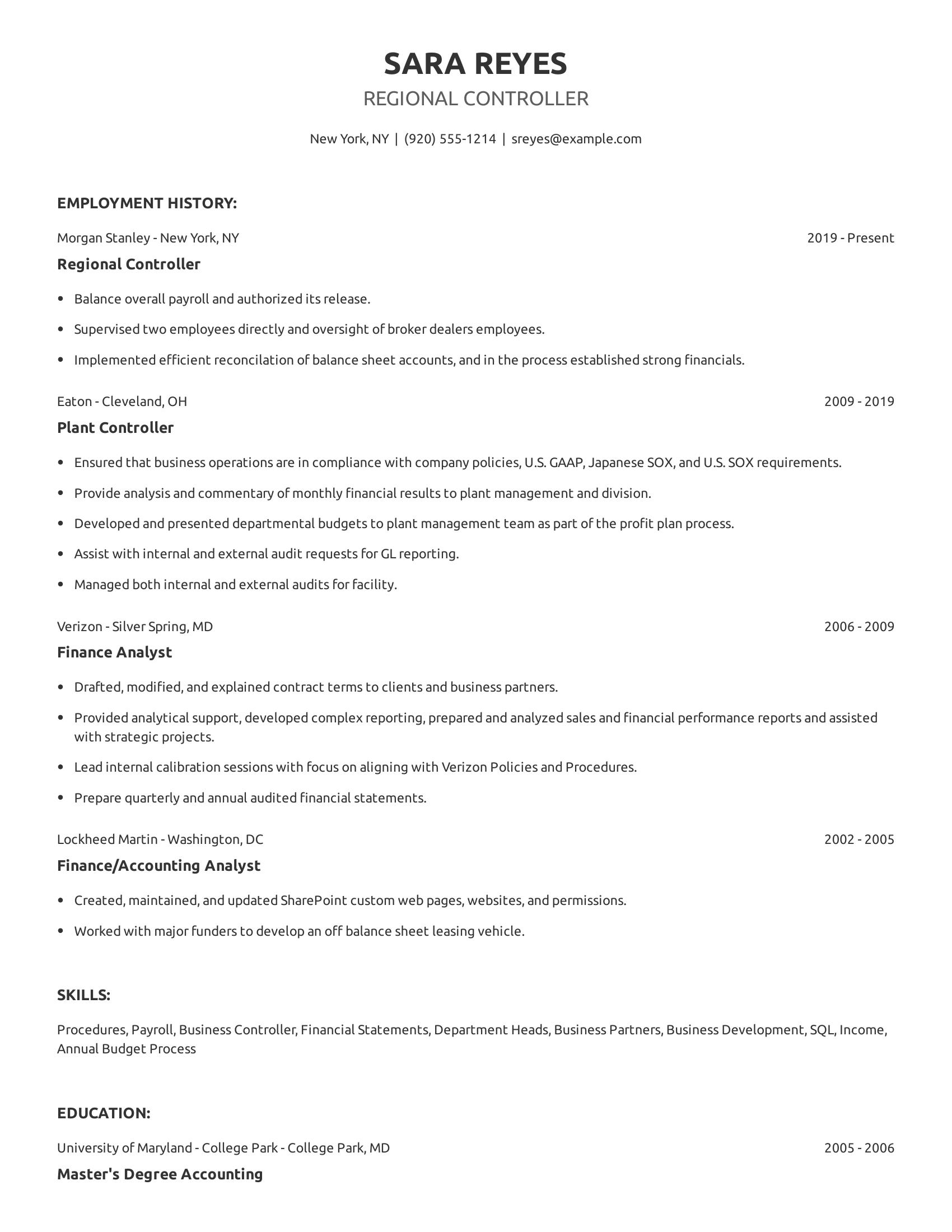 Regional Controller resume example