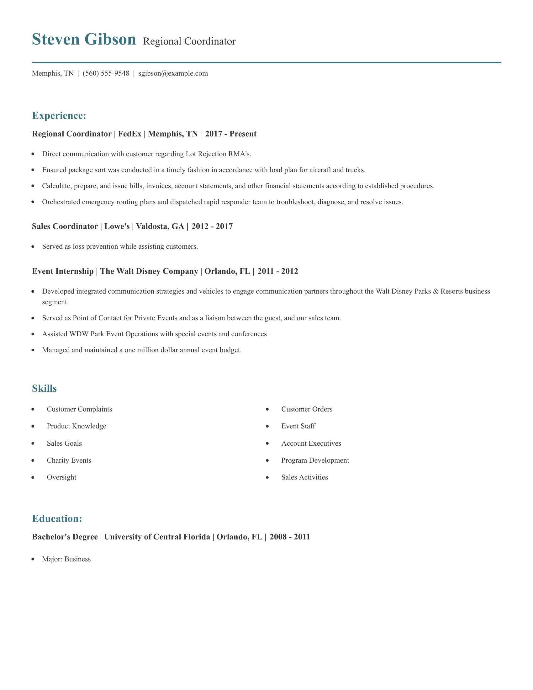 Regional Coordinator resume example