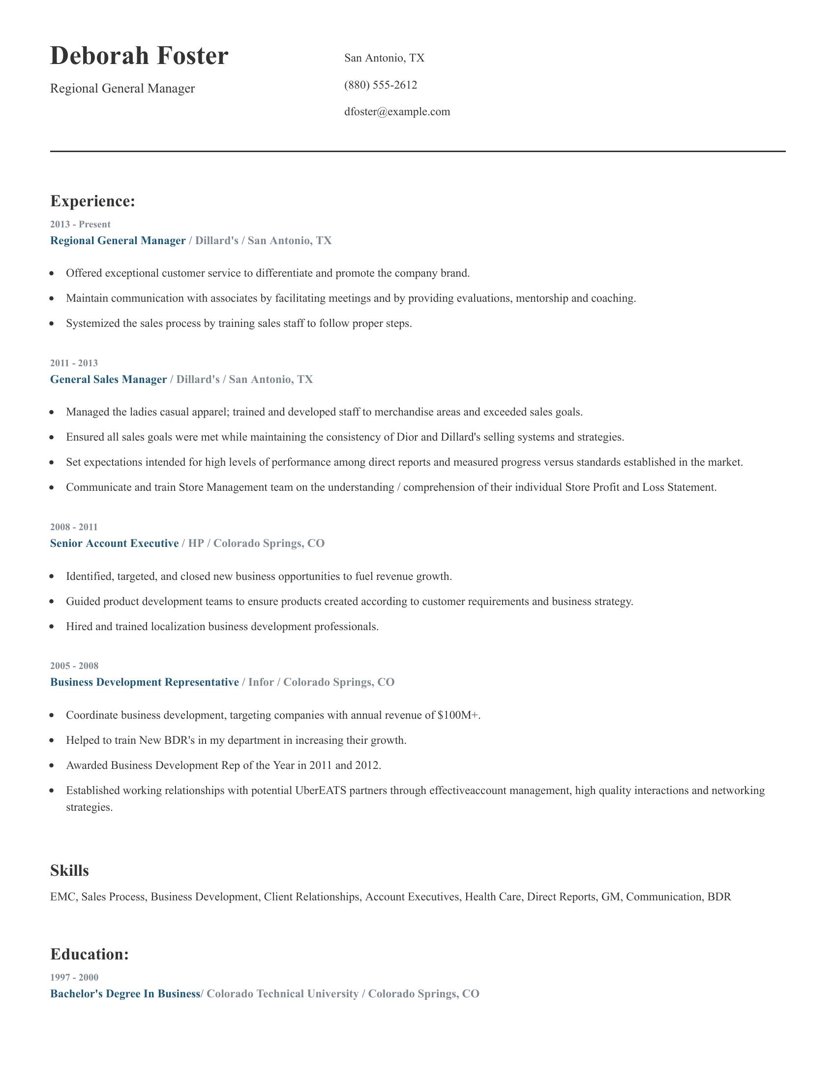 Regional General Manager resume example