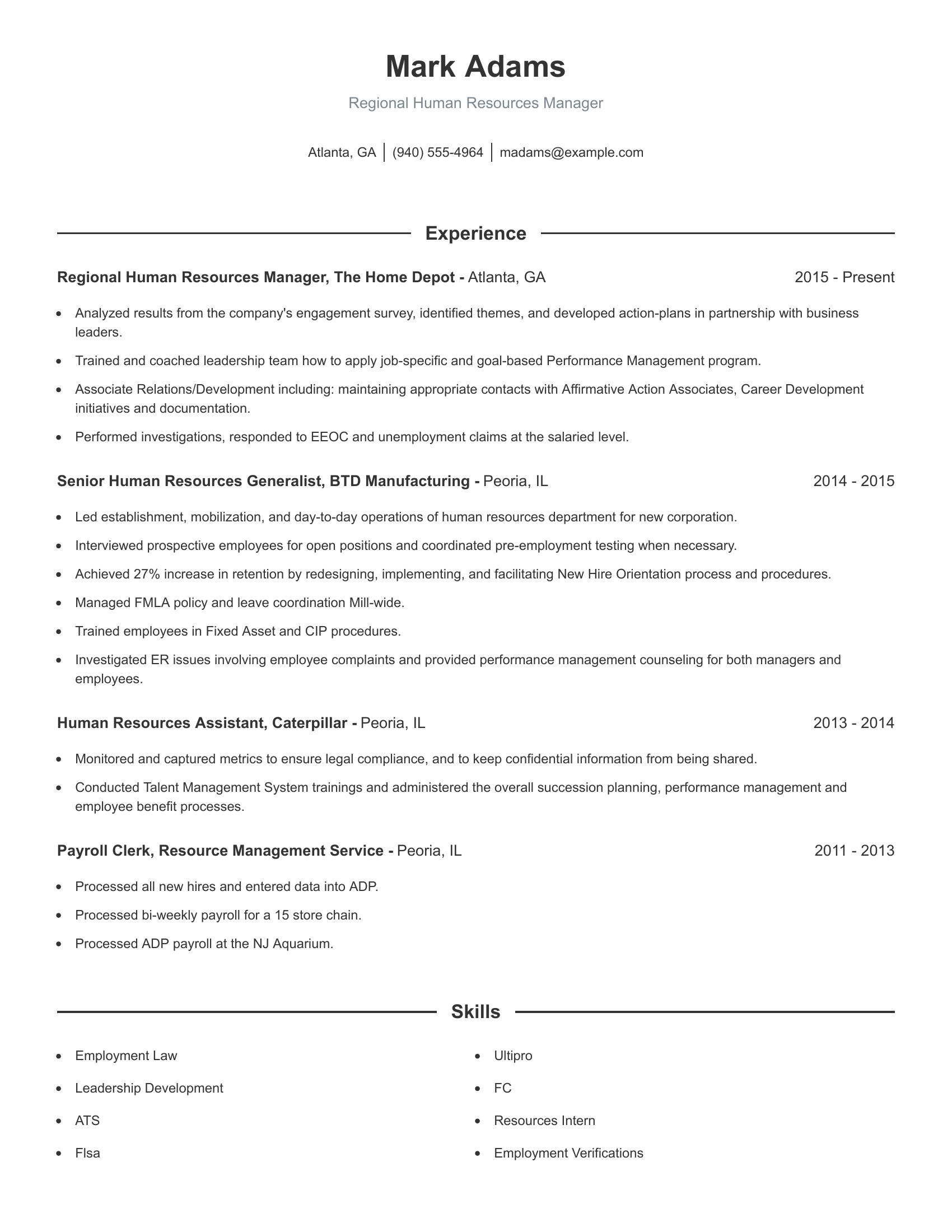 Regional Human Resources Manager resume example