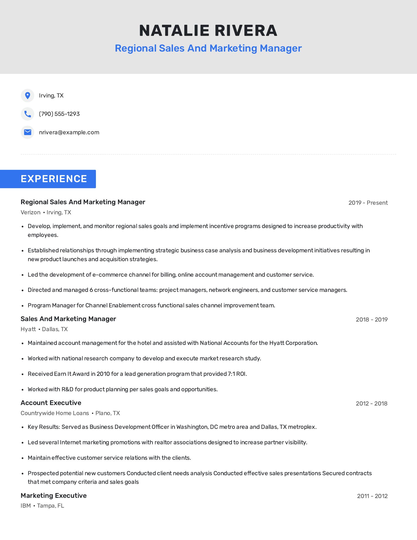 Regional Sales And Marketing Manager resume example