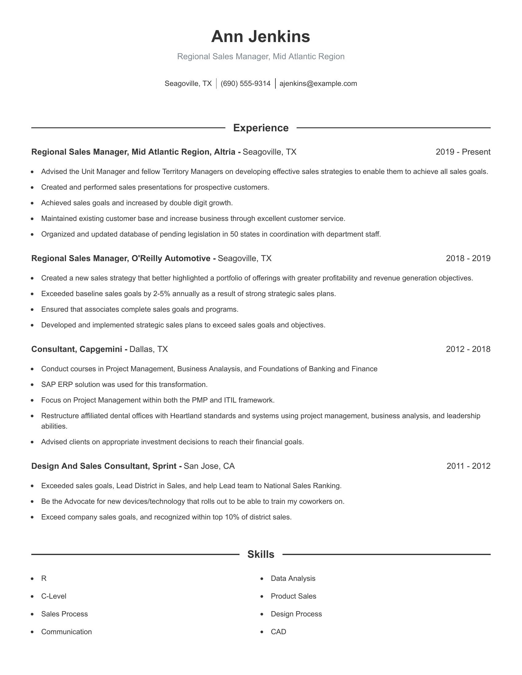 Regional Sales Manager, Mid Atlantic Region resume example