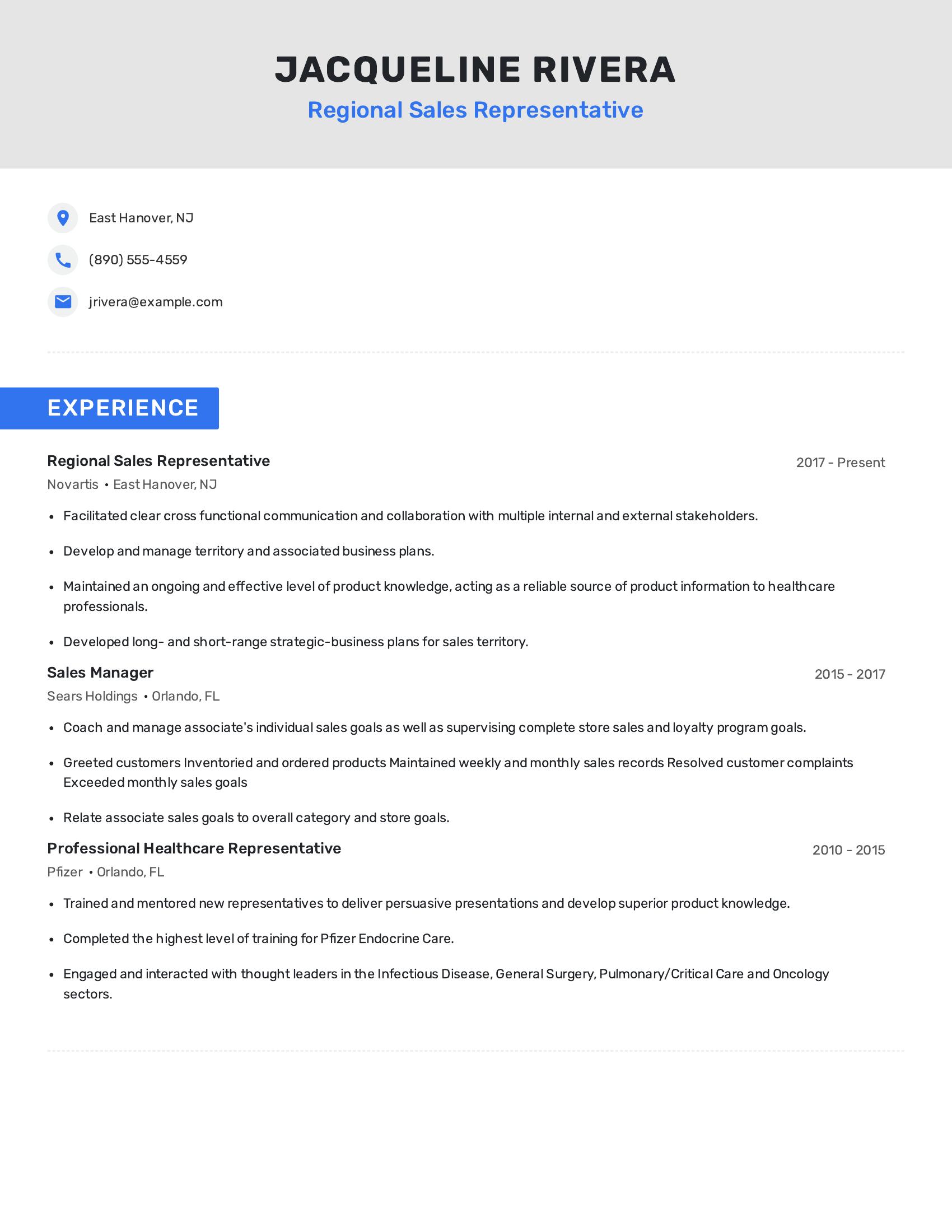 Regional Sales Representative resume example