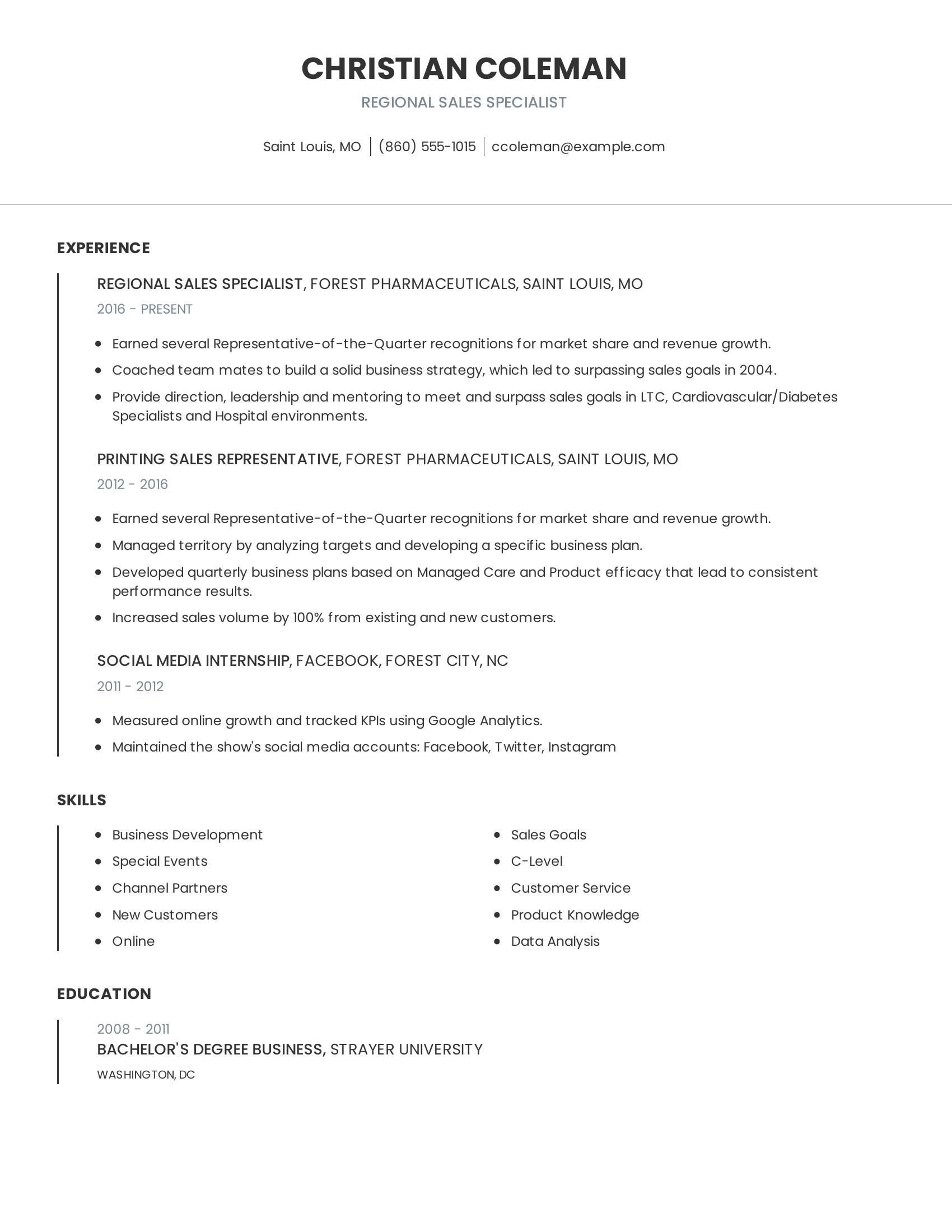 Regional Sales Specialist resume example