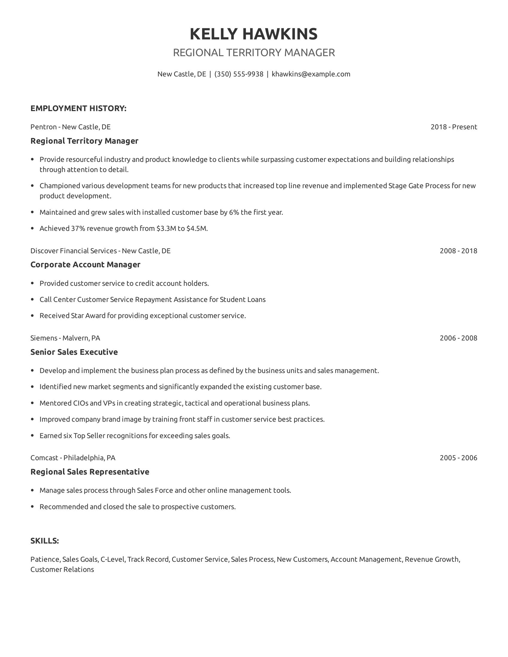 Regional Territory Manager resume example