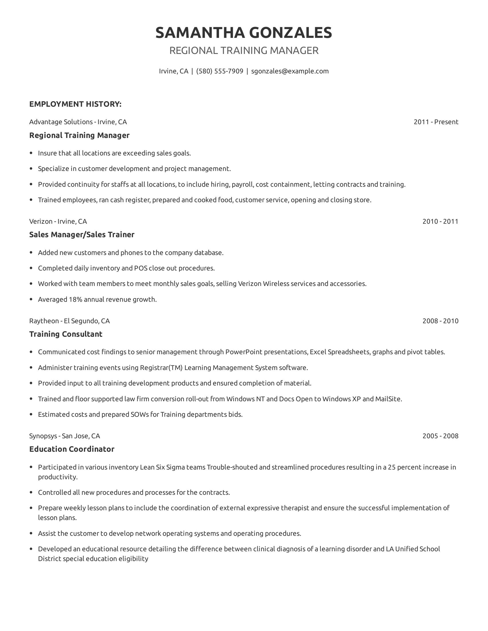 Regional Training Manager resume example