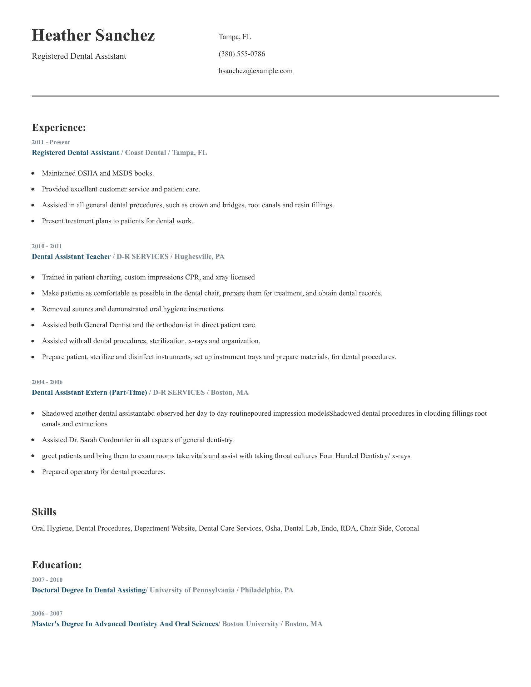 Registered Dental Assistant resume example