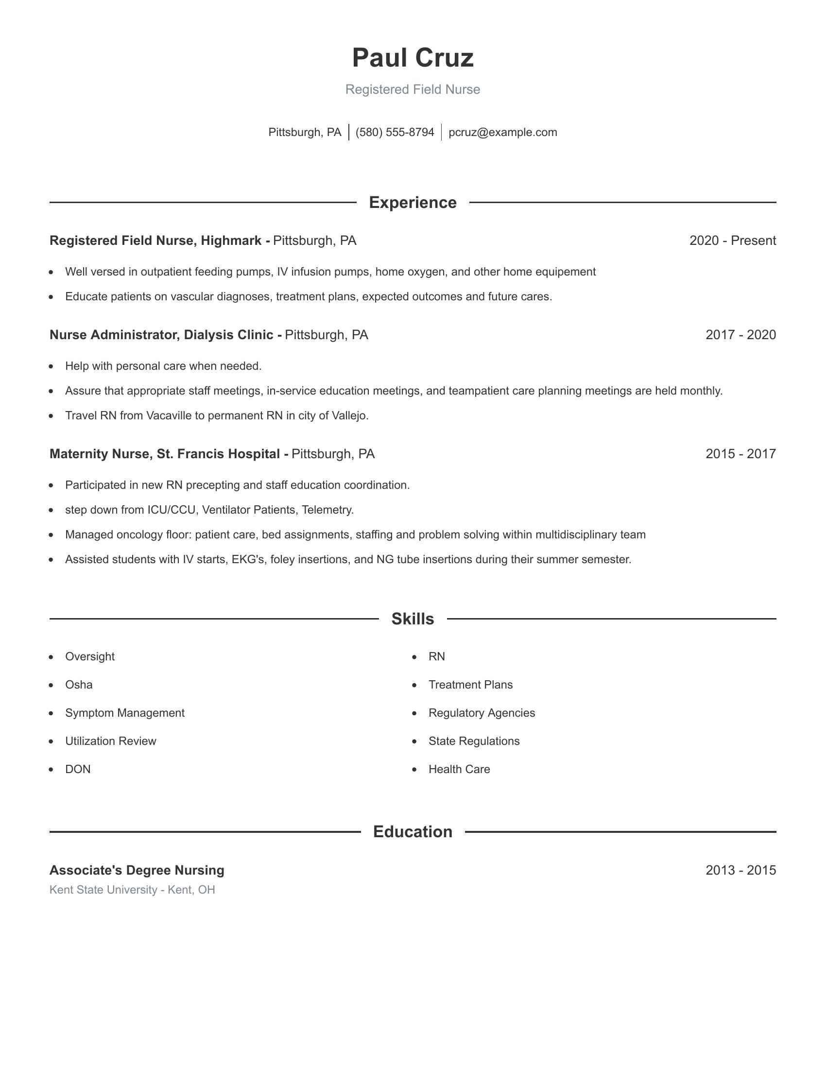 Registered Field Nurse resume example