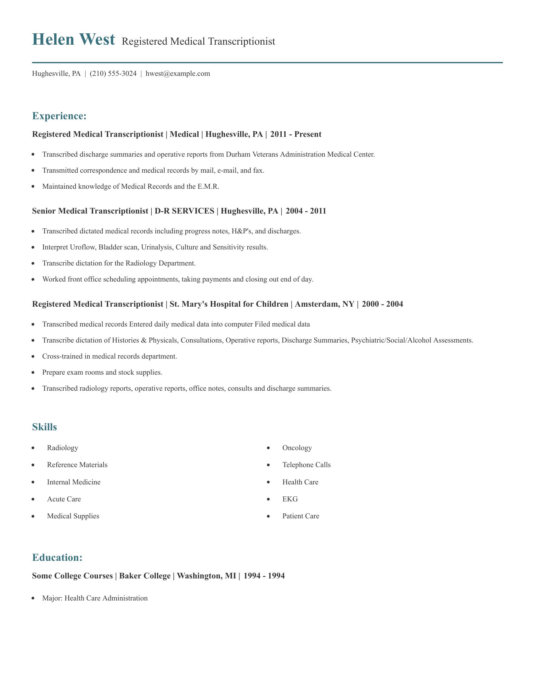 Registered Medical Transcriptionist resume example