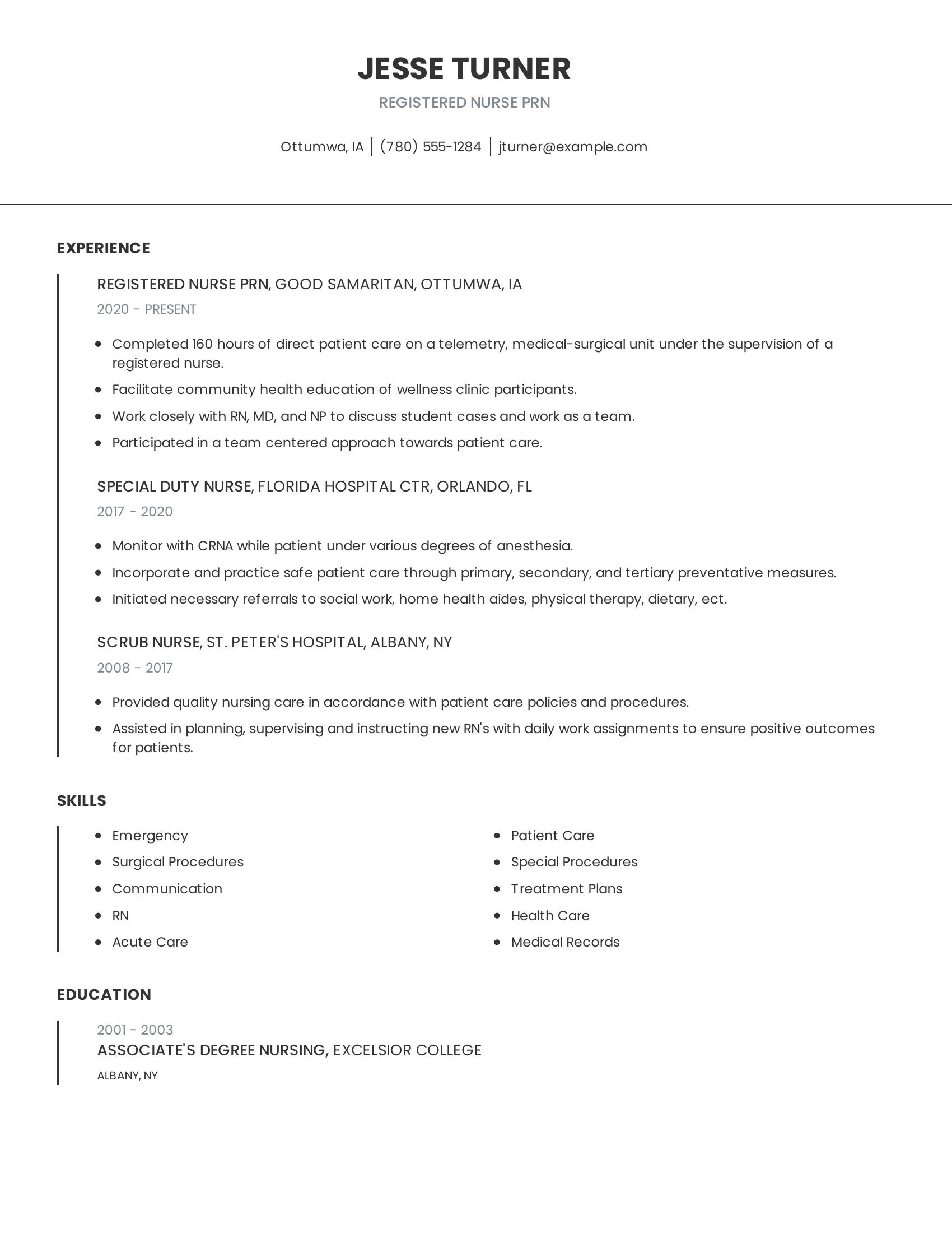 Registered Nurse PRN resume example