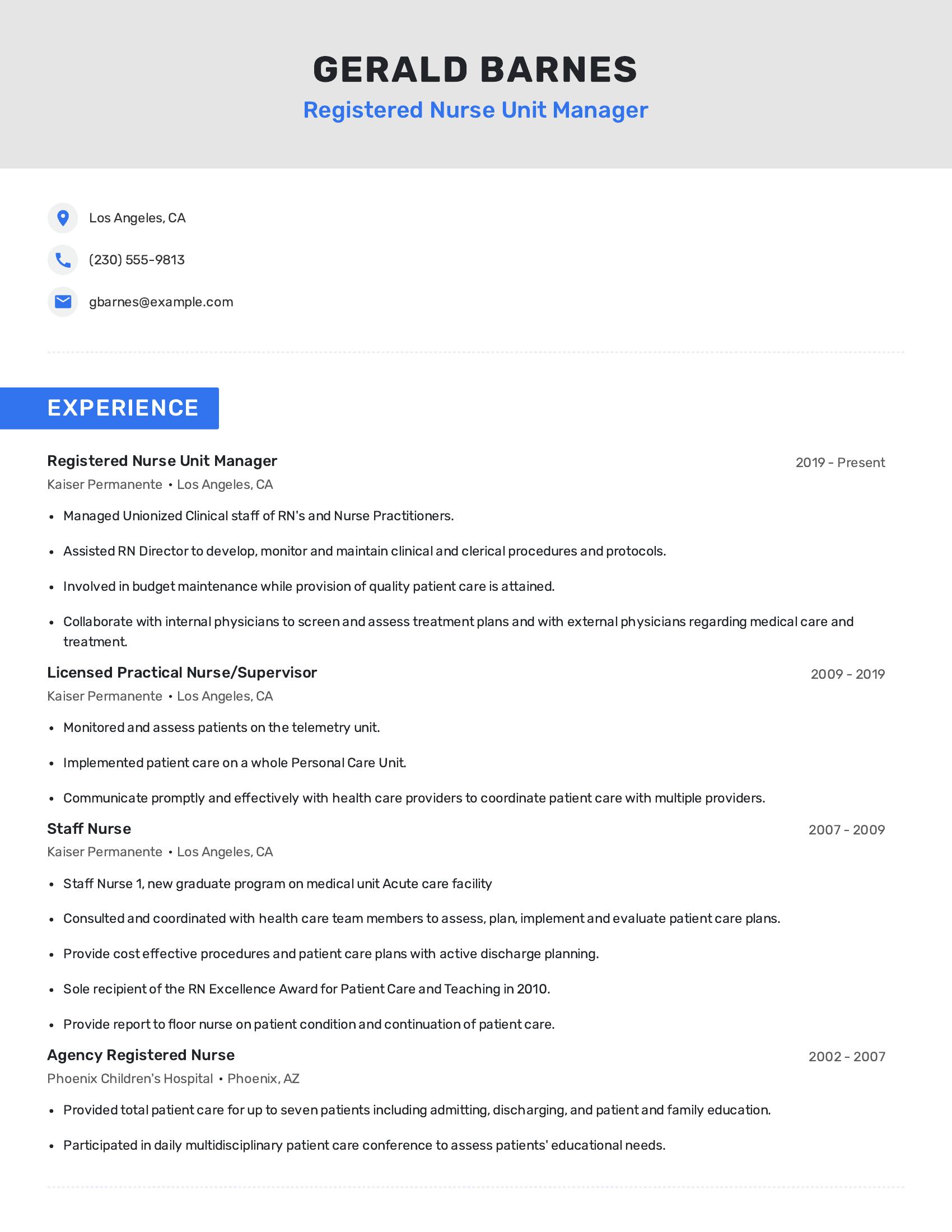 Registered Nurse Unit Manager resume example