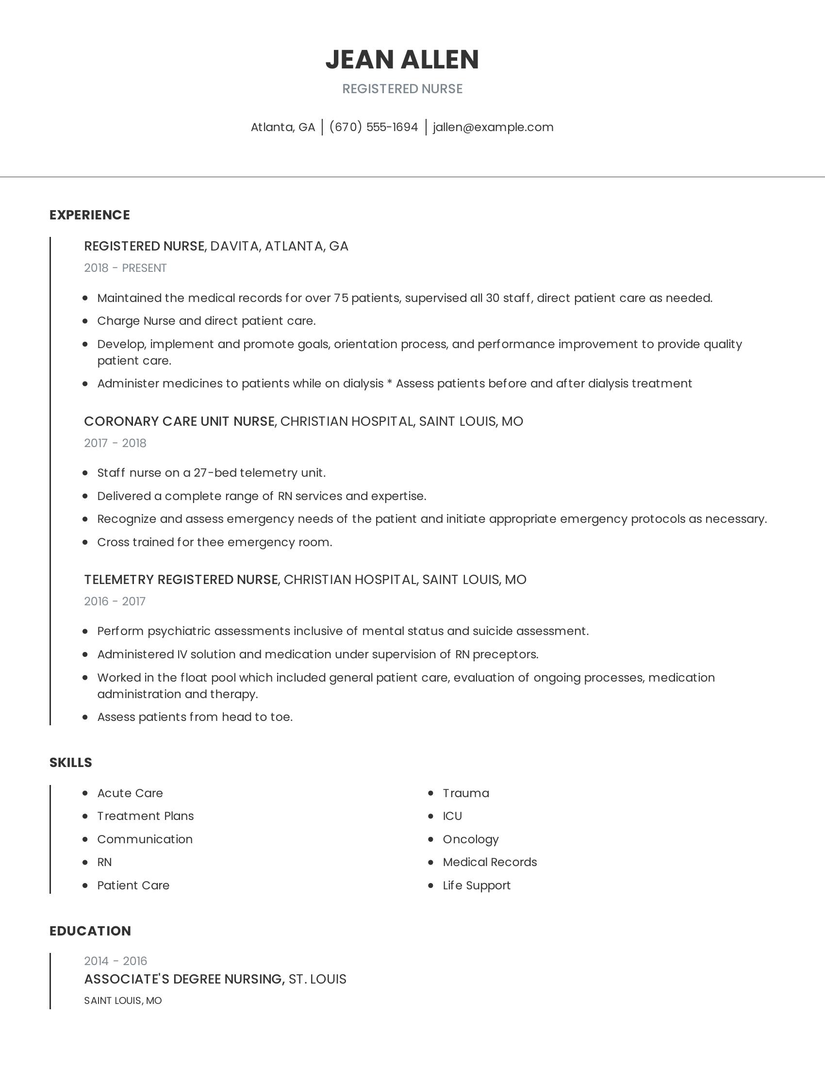 Registered Nurse resume example