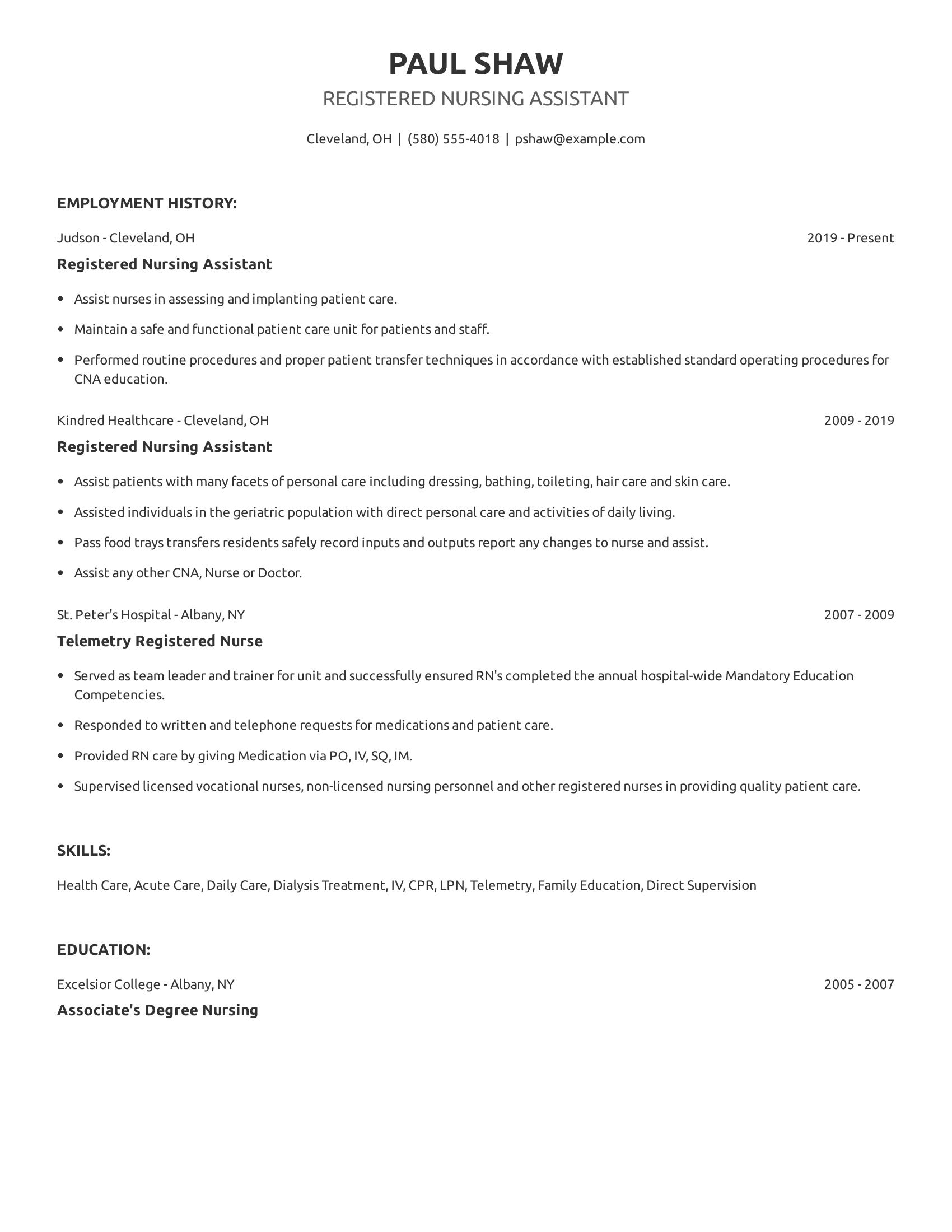 Registered Nursing Assistant resume example